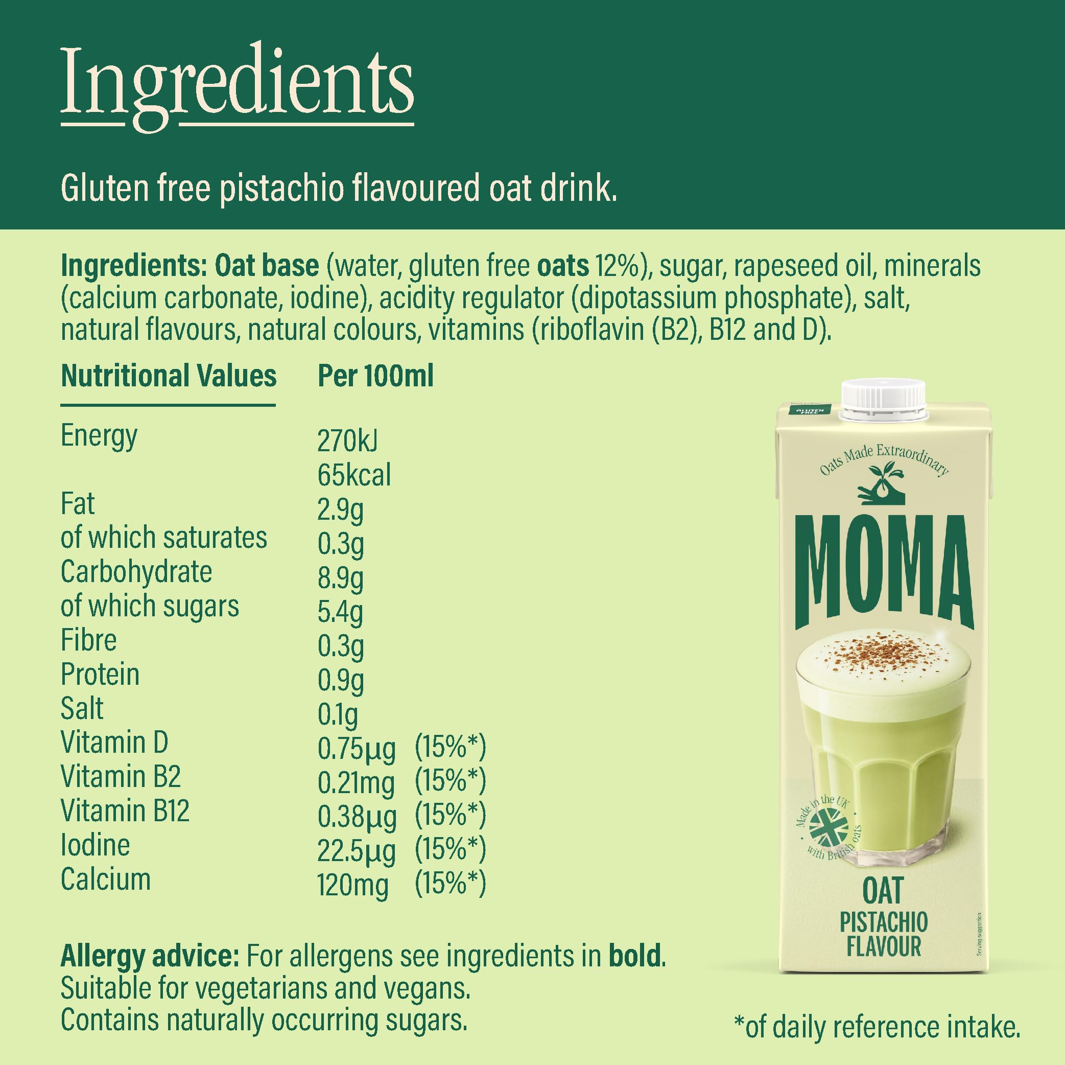 MOMA Pistachio Flavoured Oat Drink - 1L - Plant Based & Vegan - Not From Concentrate 8
