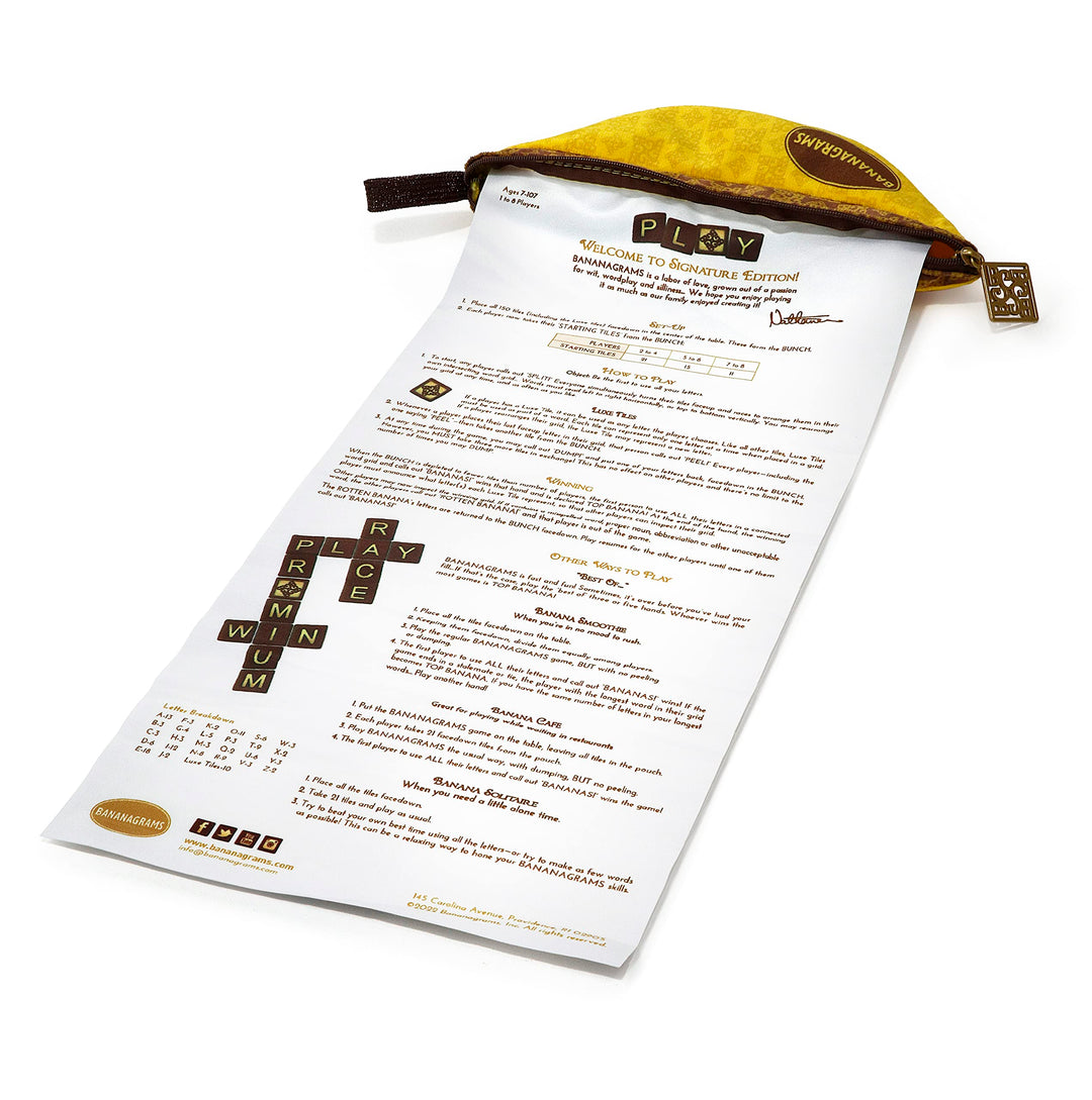 BANANAGRAMS Signature Edition Word Game - 144 Tiles, 10 Luxe Tiles, Premium Fabric Pouch - 1-8 Players