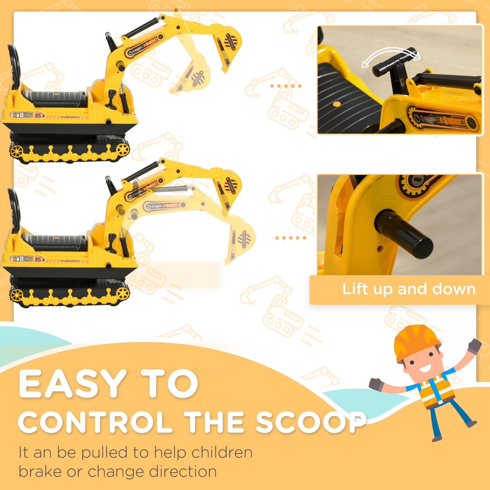 HOMCOM Ride On Tractor Digger Toy with Adjustable Arm | Ages 18-48 Months | Yellow 6