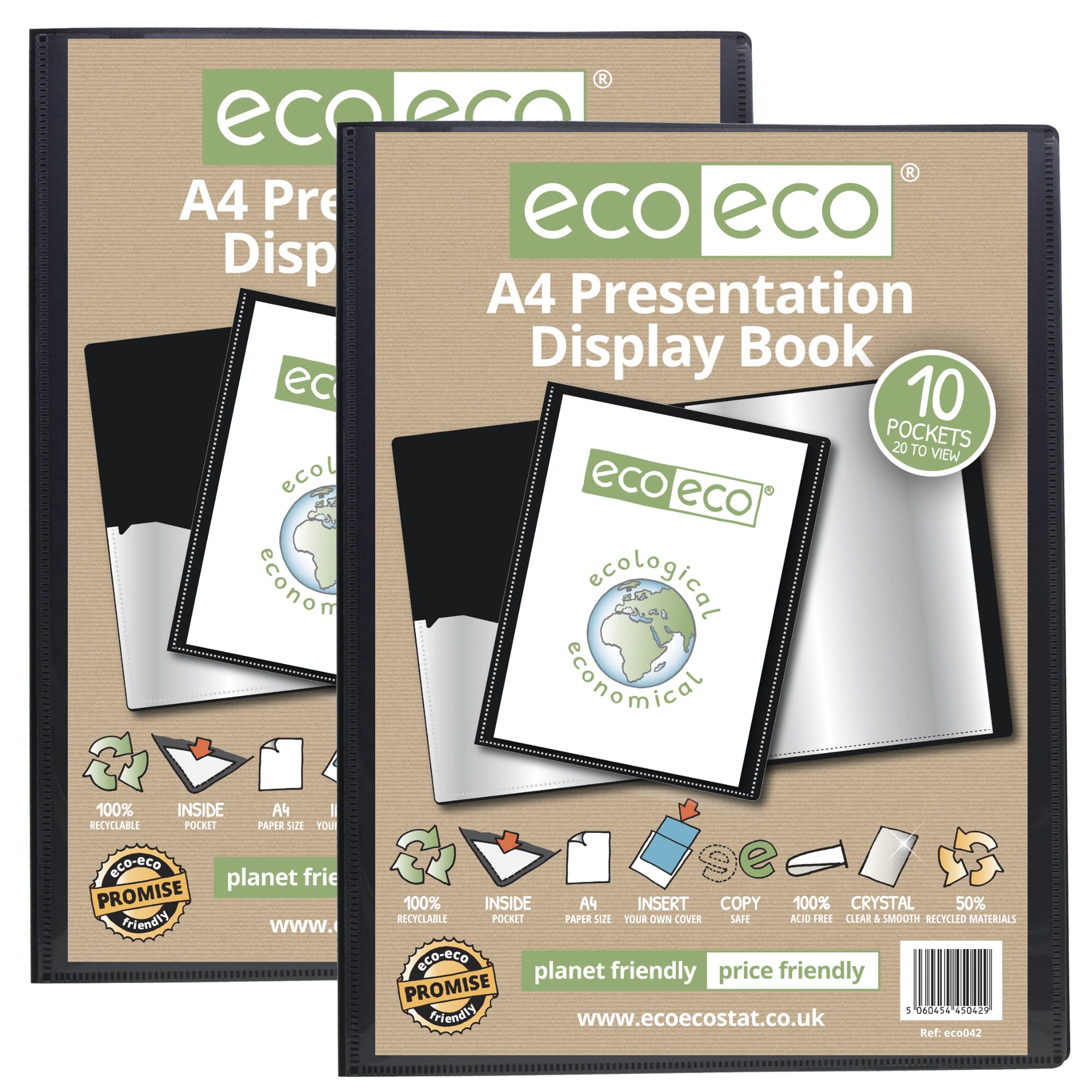 eco-eco 10 Pocket A4 Presentation Display Book - Pack of 2 Black | 50% Recycled Material