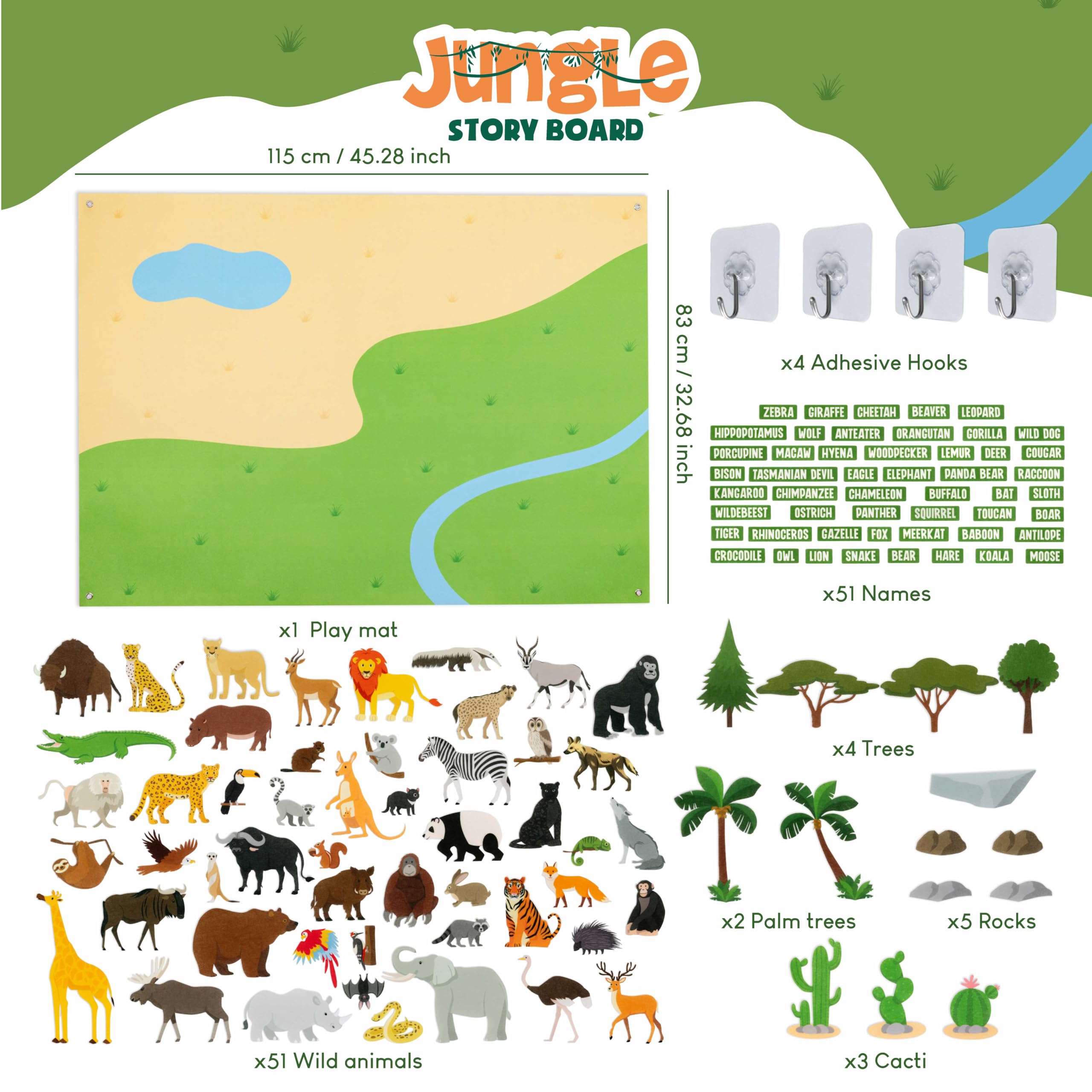 BONNYCO Jungle Animals Felt Board - 116 Pieces | Montessori Learning Toy | Ages 3+
