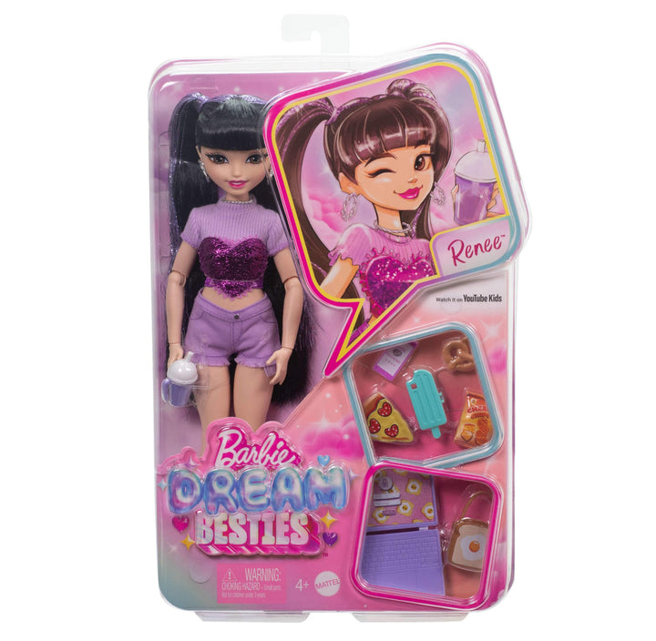 Barbie Dream Besties Renee Doll & Food-Themed Playset - 12-Piece Set with Laptop, Pizza, Smoothie & More