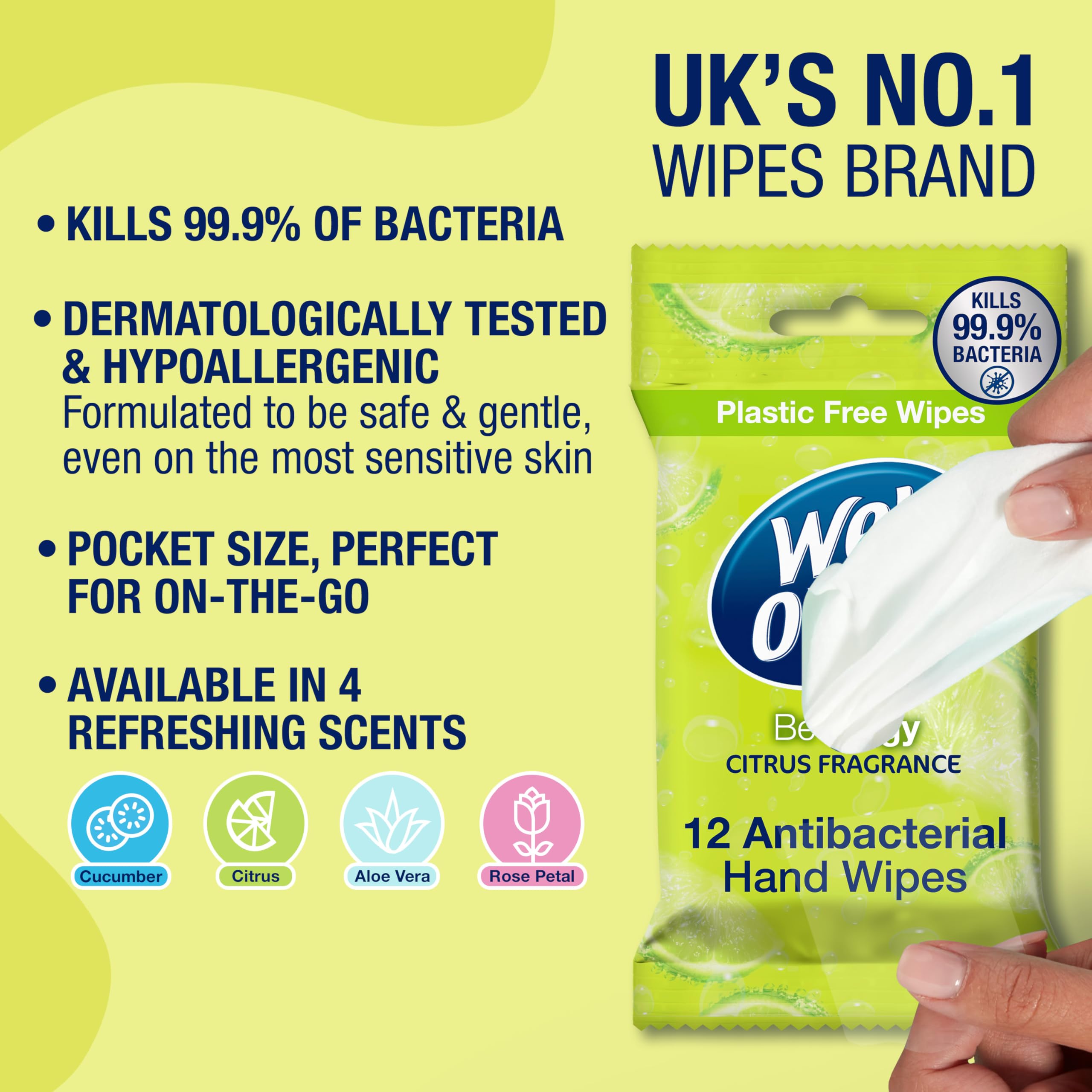 Wet Ones Plastic Free Antibacterial Pocket Size Hand Wipes, Citrus Scent, 144 Count