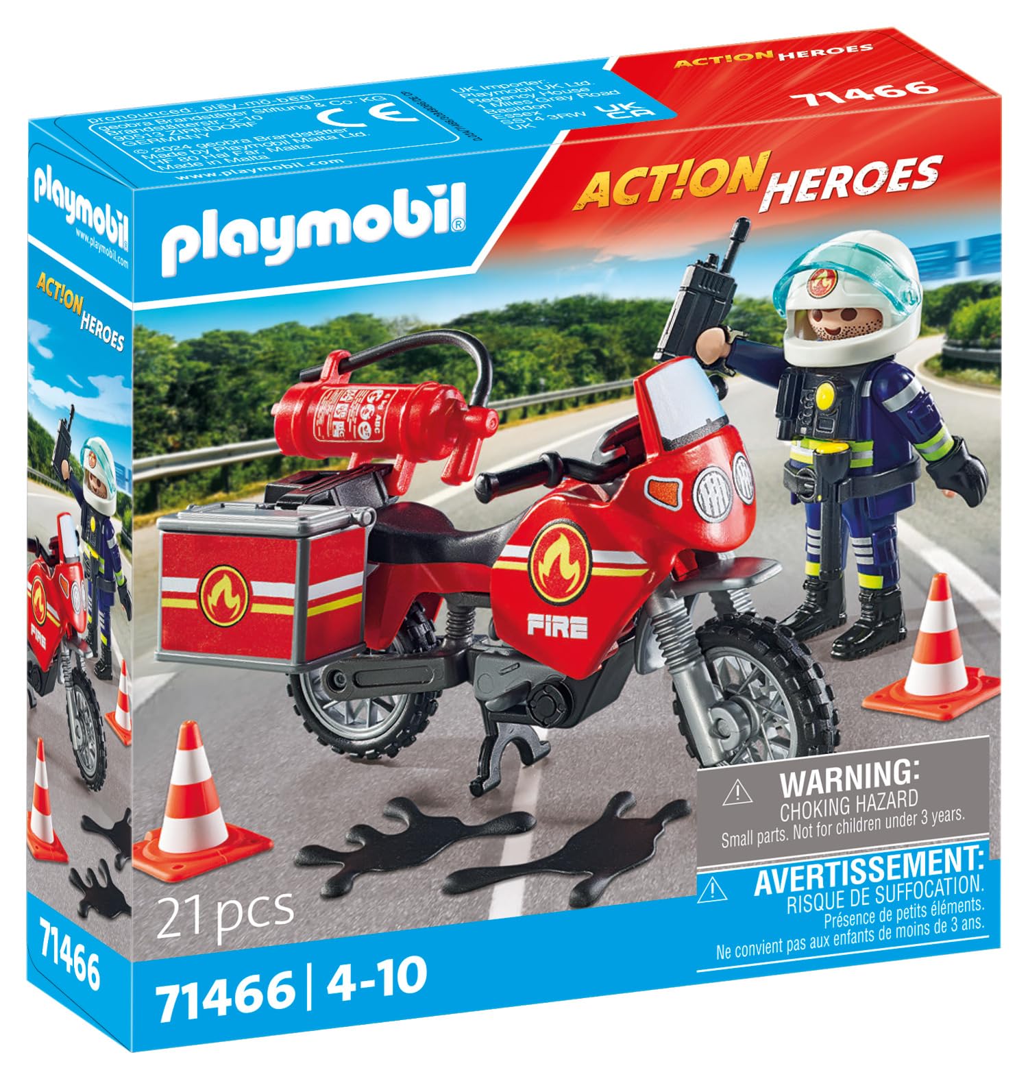 Playmobil 71466 Action Heroes: Motorcycle & Oil Spill Incident Playset - Firefighter Rescue Vehicle with Realistic Role-Play Accessories for Kids 4+ 7