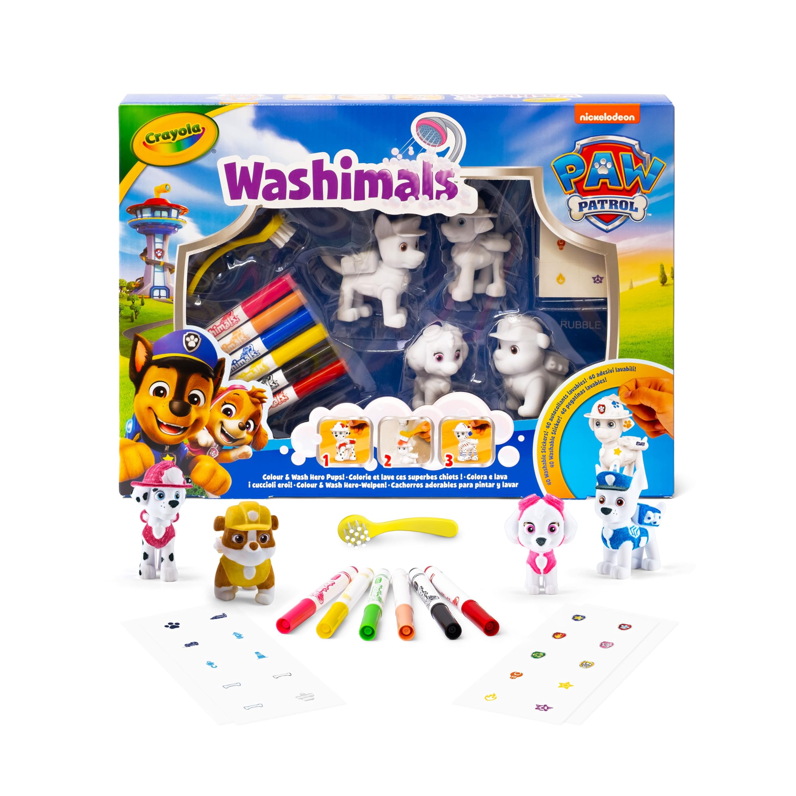 CRAYOLA Washimals Paw Patrol Activity Set - 4 Washable Plush Puppies, 6 Markers & Stickers for Creative Play 1