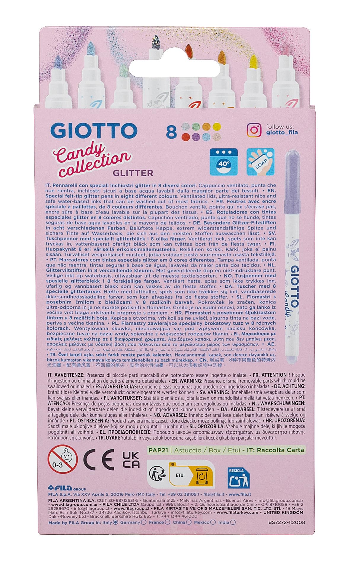 GIOTTO Turbo Glitter Felt Tip Pens - 8 Assorted Pastel Colours | Fine Anti-Retraction Tip 4