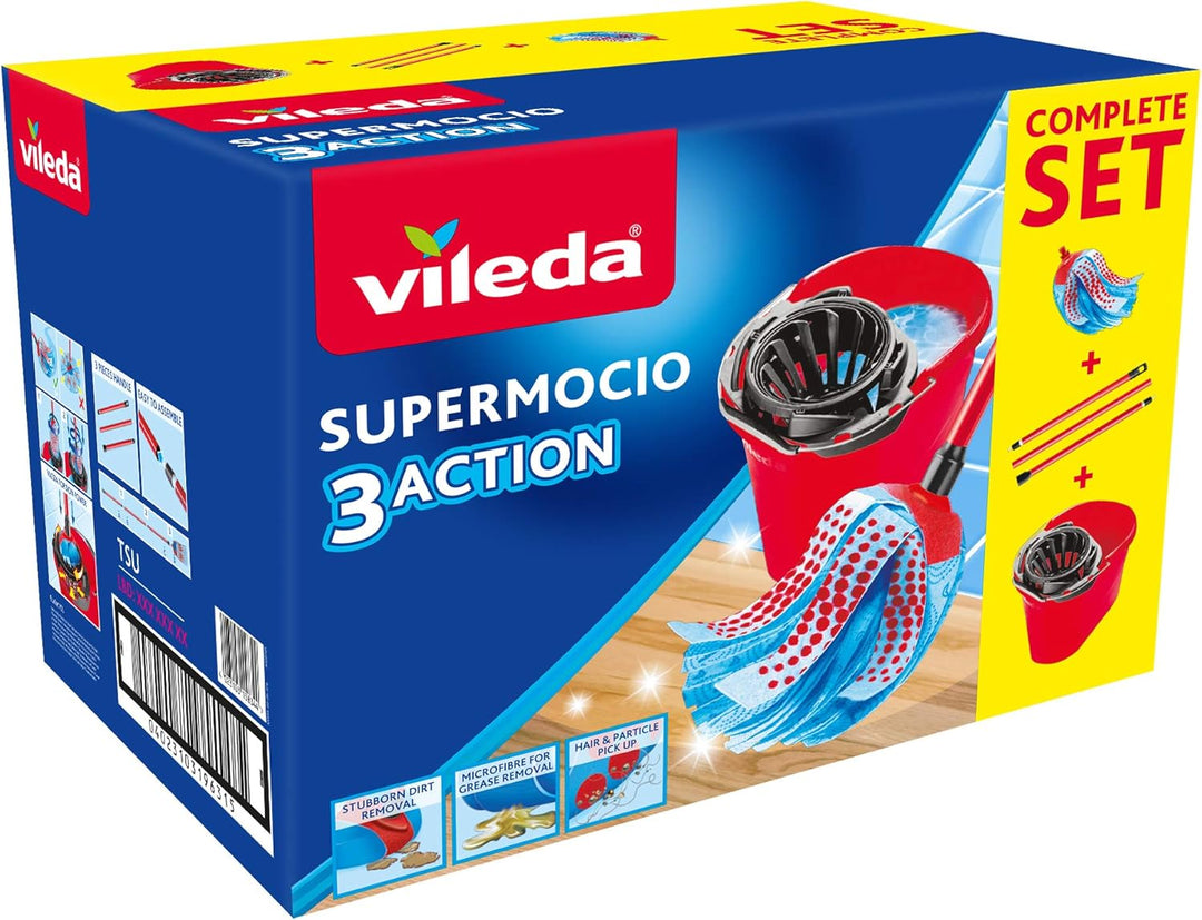 Vileda SuperMocio 3Action XL Mop and 10L Bucket with Torsion Wringer, Red/Blue
