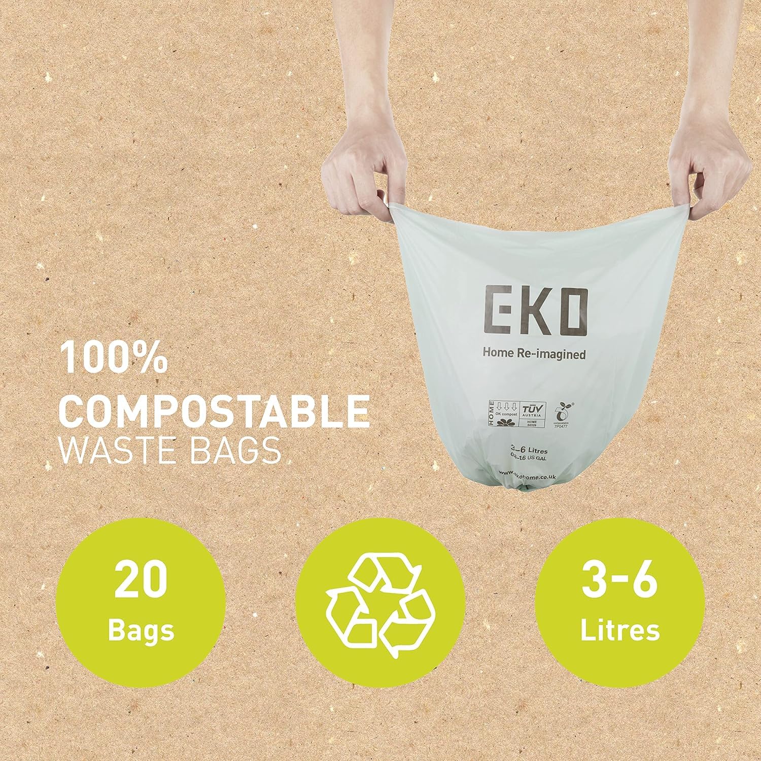 EKO Compostable Bin Liners For Food Waste Caddies - 3-6 Litre Capacity, 20 Bags, White 3