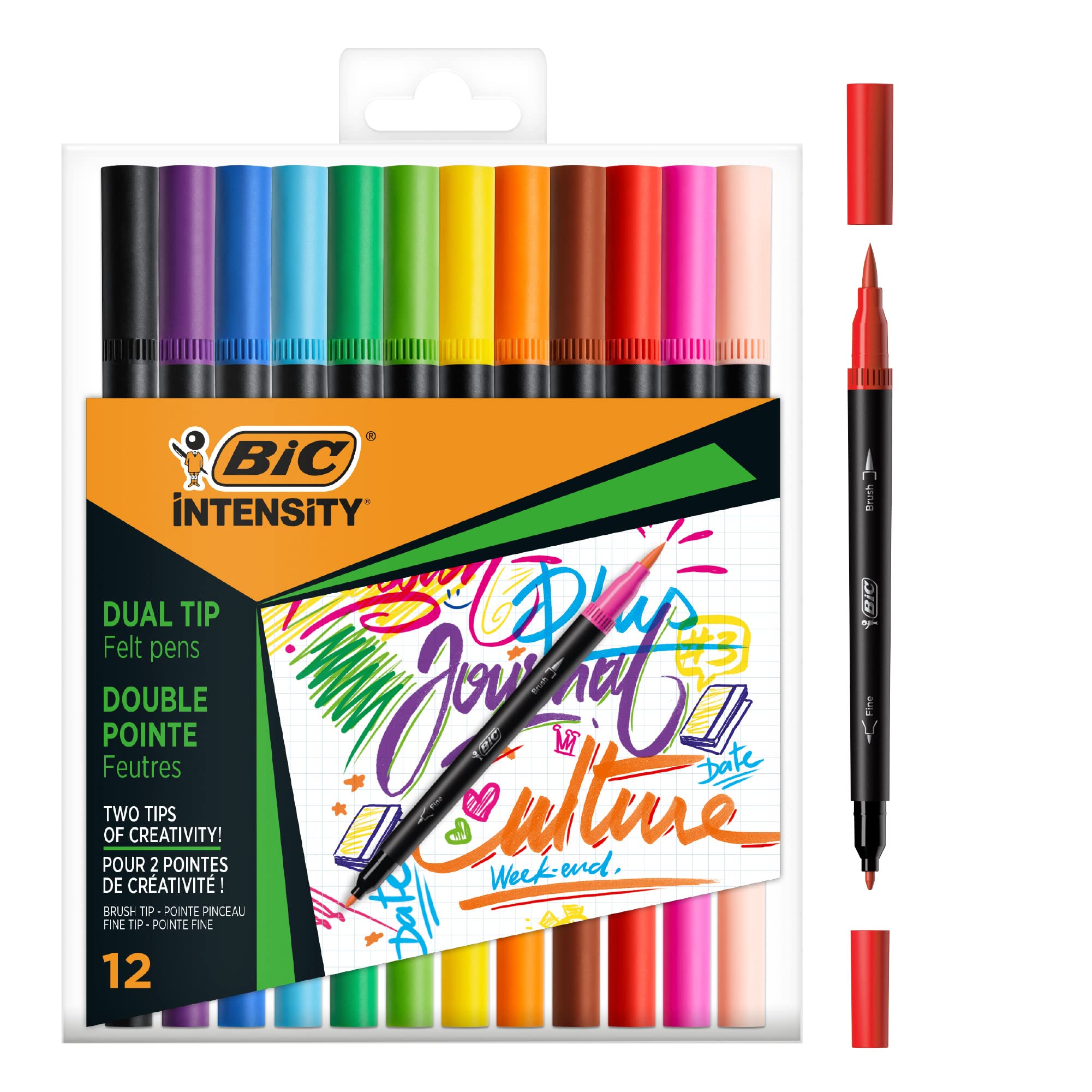 BIC Dual Tip Felt Tip Pens - Assorted Colors | Pack of 12 | Ideal for Calligraphy