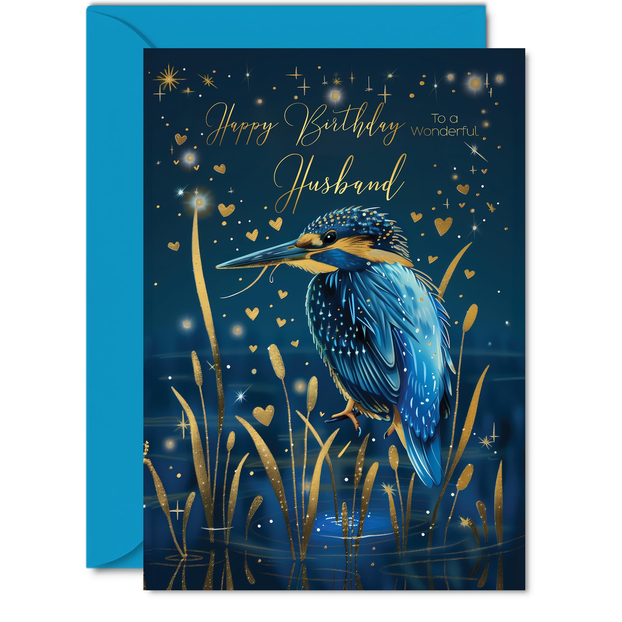 Giftzie Beautiful Gold Birthday Card for Husband - Wonderful Golden Kingfisher | A5 Size | FSC Certified