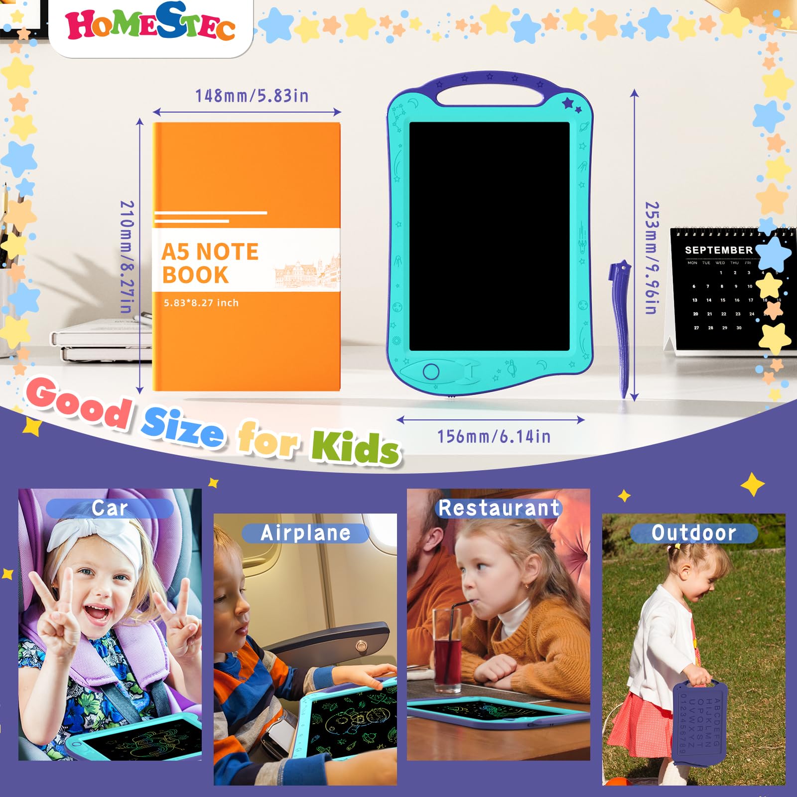 HOMESTEC AstroDraw Space Drawing Pad for Kids - LCD Writing Tablet with Handle, Educational Toddler Toy for Ages 18 Months and Up (Aqua/Purple) 14