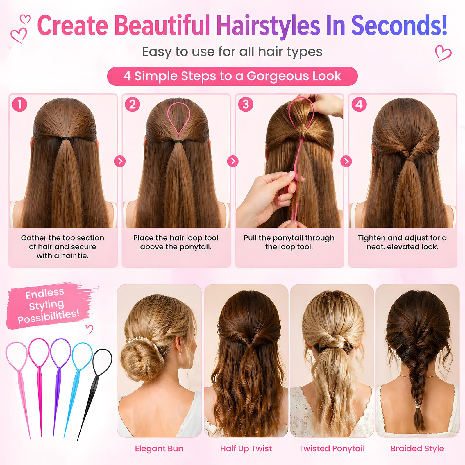 Muexoee Hair Tool Set - 10-Piece Ponytail & Braid Pull Through System | Multi-Color 6