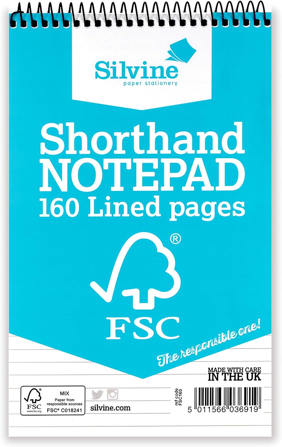 Silvine 8x5 Everyday FSC Shorthand Notebook - Ruled 8mm Feint, 160 Pages of FSC 1