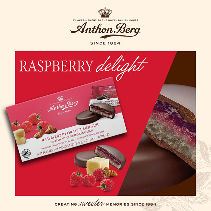 Anthon Berg Dark Chocolate Covered Marzipan Treats with Raspberry and Orange Liqueur - 220g