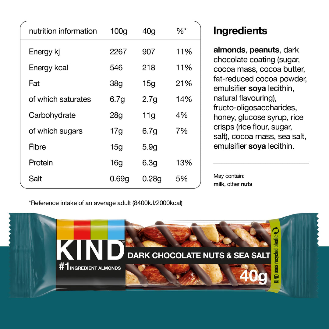 KIND - Dark Chocolate Nuts & Sea Salt Gluten Free Snack Bars, High Fibre, No Artificial Ingredients, 12 x 40g
