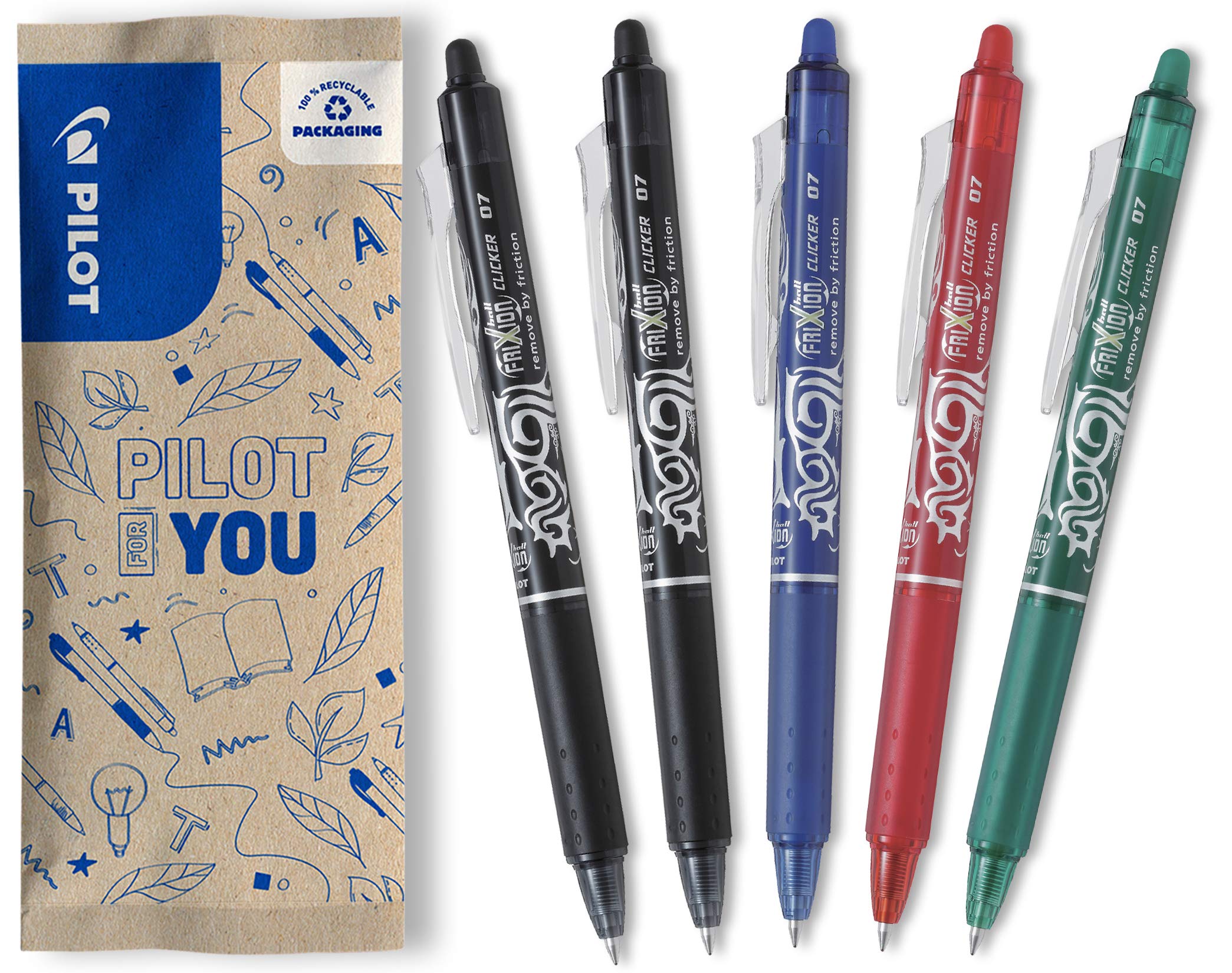 PILOT FriXion Ball Clicker Erasable Rollerball Pen - Medium 0.7mm Tip - Pack of 5
