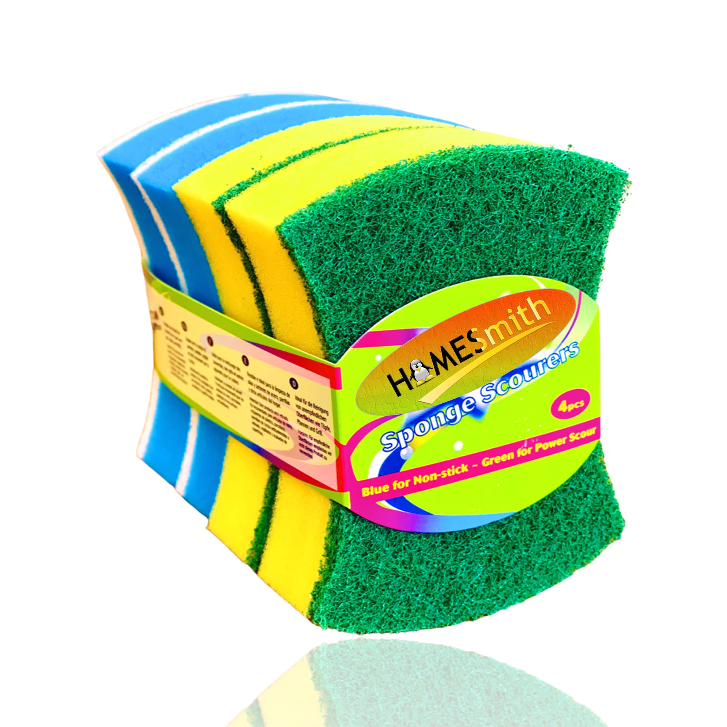 HomeSmith Heavy Duty Butterfly Washing Up Sponge Scourers - Pack of 4 | Dual-Sided Scrubbing | Yellow & Blue