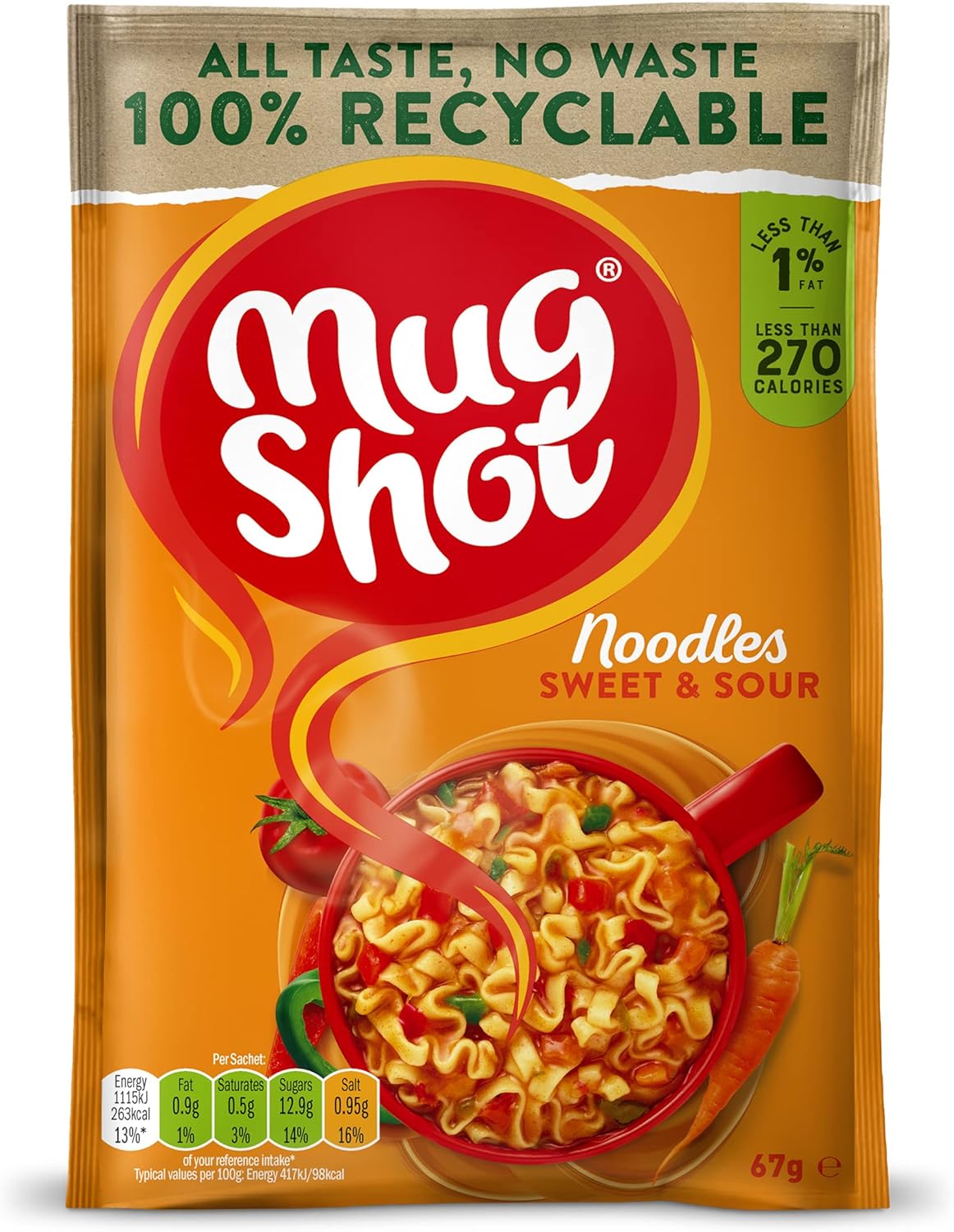 Mug Shot - Spicy Sweet and Sour Noodles (67 g, Pack of 10)