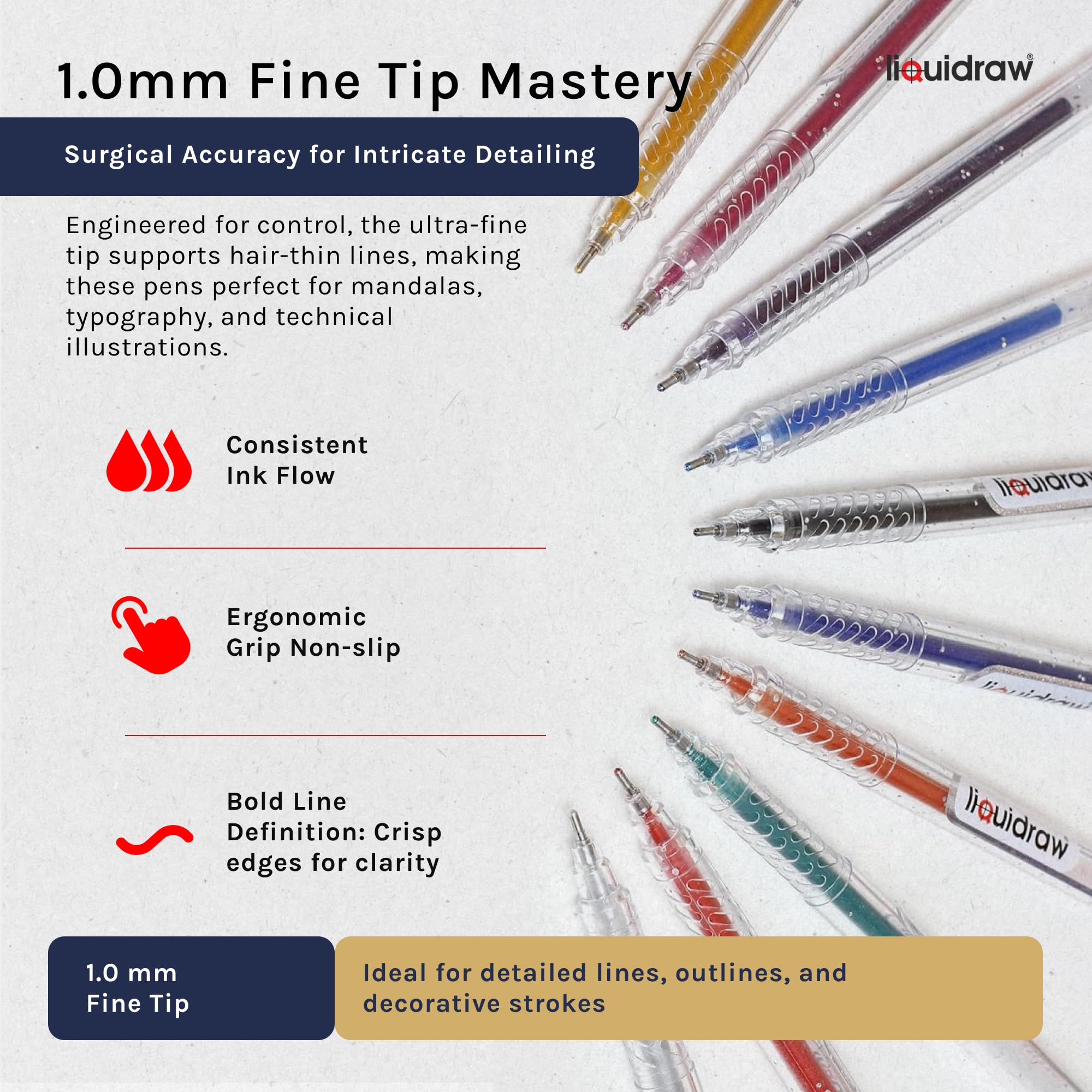 Liquidraw Glitter Gel Pens - Set of 10 | 1.0mm Fine Point | Multicoloured Ink 3