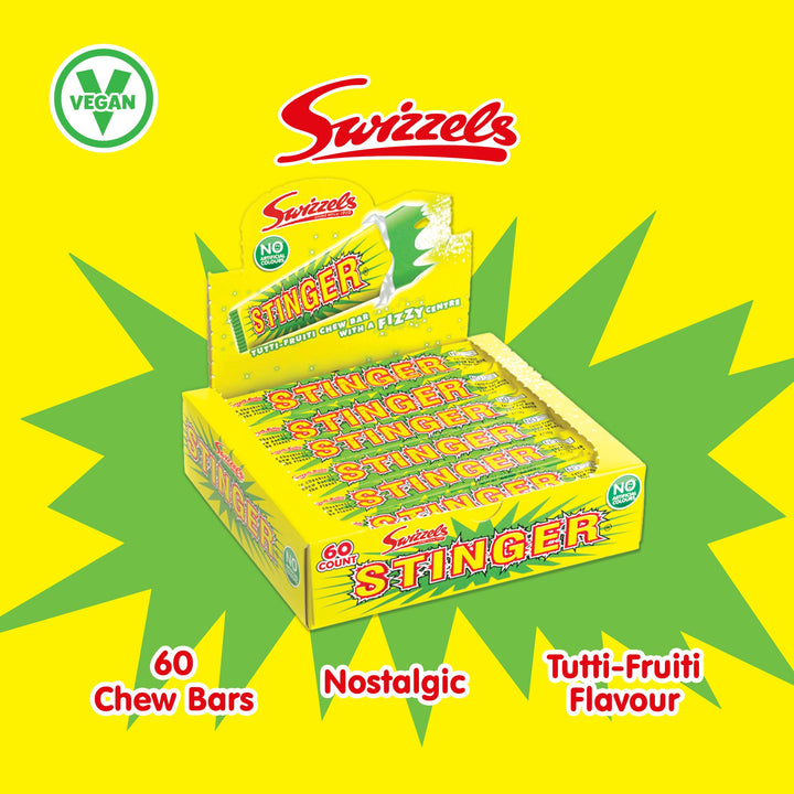 Swizzels Stinger Tutti Frutti Chew Bar Sweets - Vegan Chewy Candy with Fizzy Centre (60 Pack)