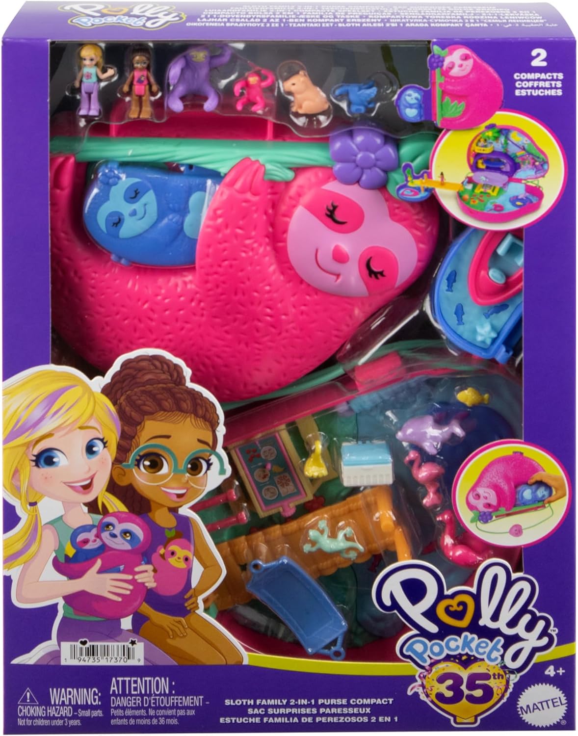 Polly Pocket Sloth Family 2-in-1 Purse Compact Playset with 2 Micro Dolls & 12 Accessories 6