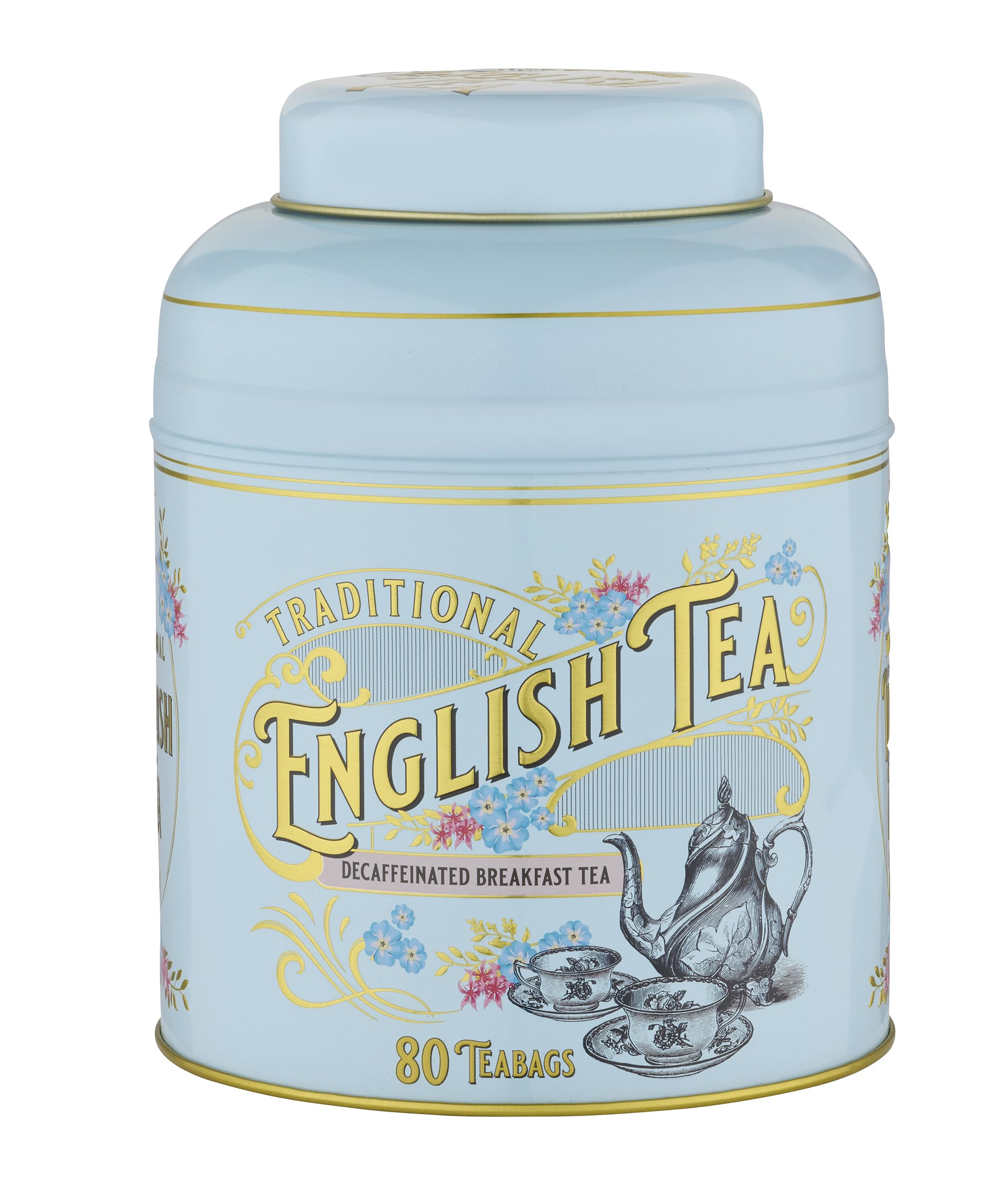 New English Teas Vintage Victorian Powder-Blue Tea Caddy with 80 Decaffeinated English Breakfast Teabags