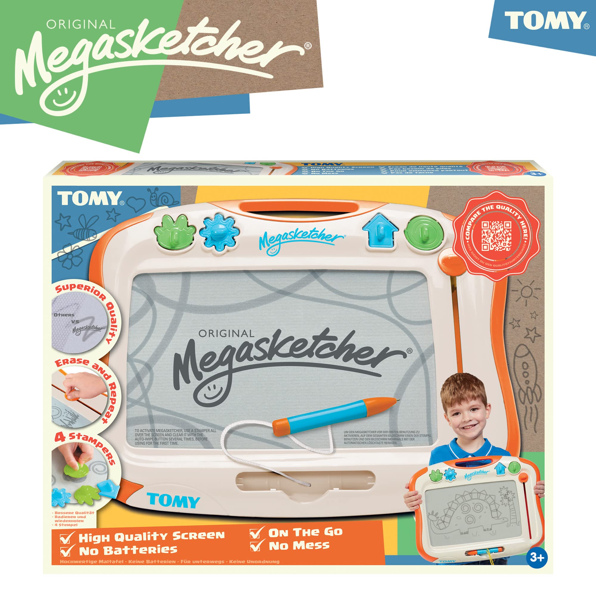 TOMY Megasketcher Classic Magnetic Drawing Board | Large 45x35cm Screen | Ages 3+ | 4 Stamps Included