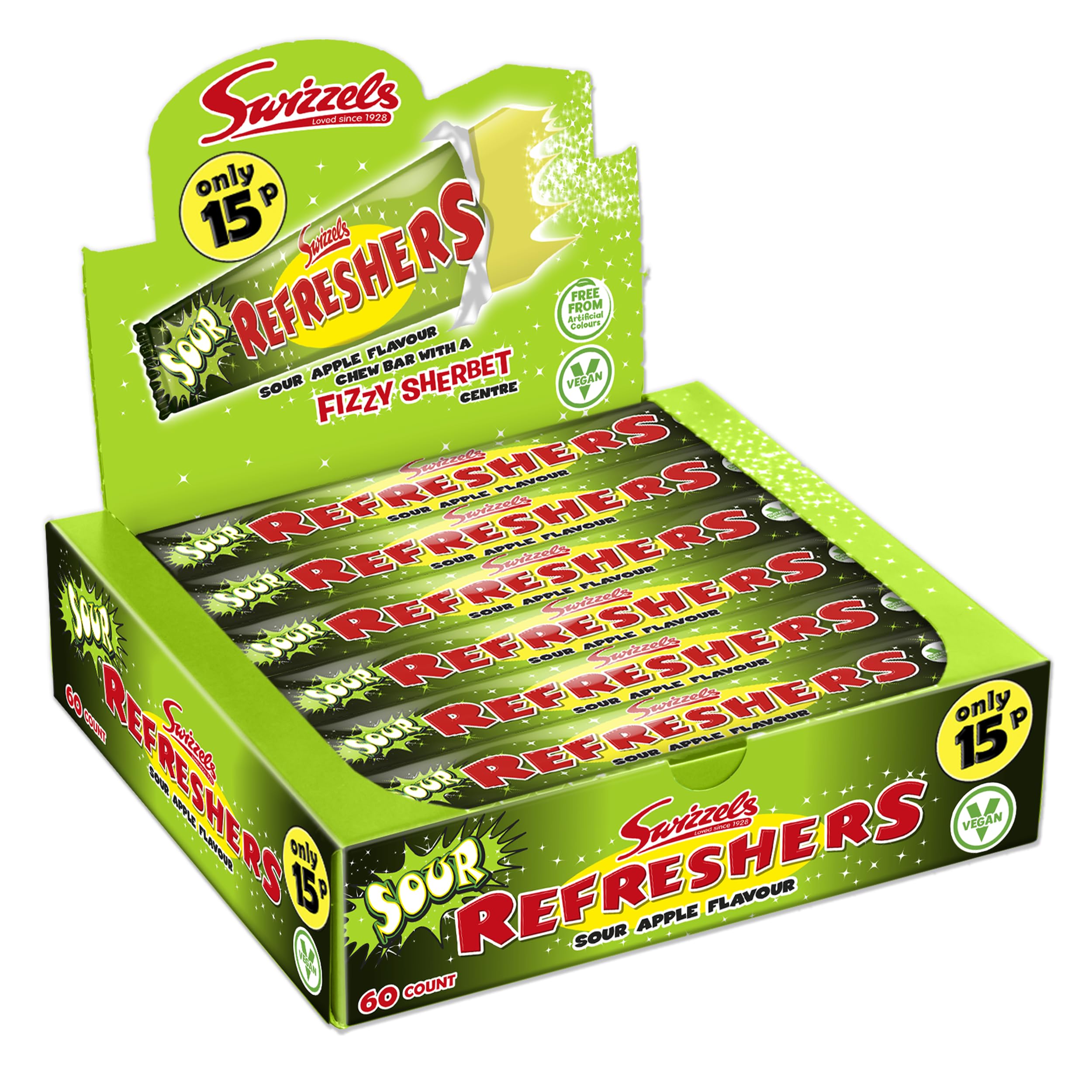 Swizzels Refreshers Sour Apple Chew Bars - Fizzy Sherbet Centre | 60 Count Pack 1