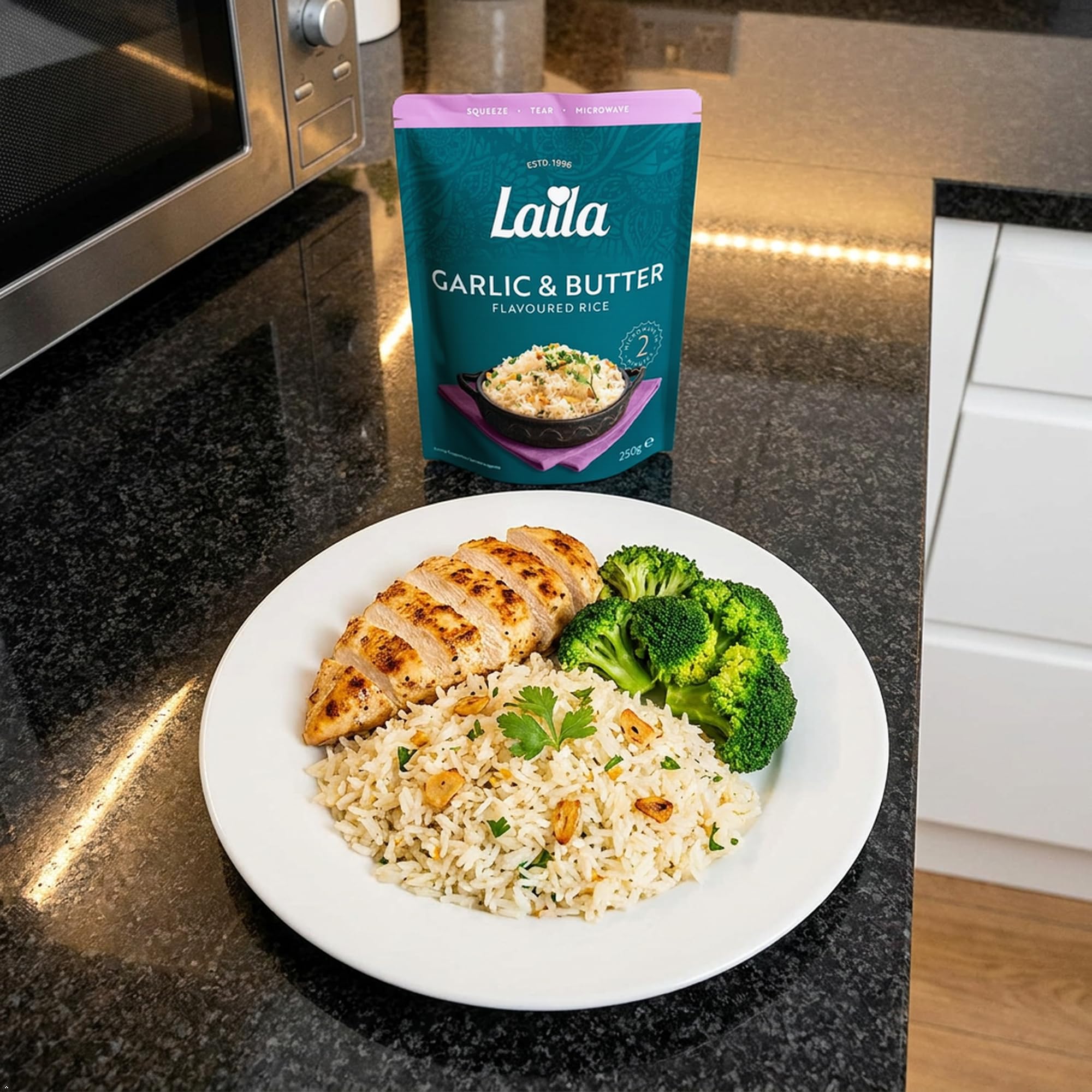 Laila Garlic & Butter Microwave Rice - 6 x 250g Packs | Ready in 2 Minutes
