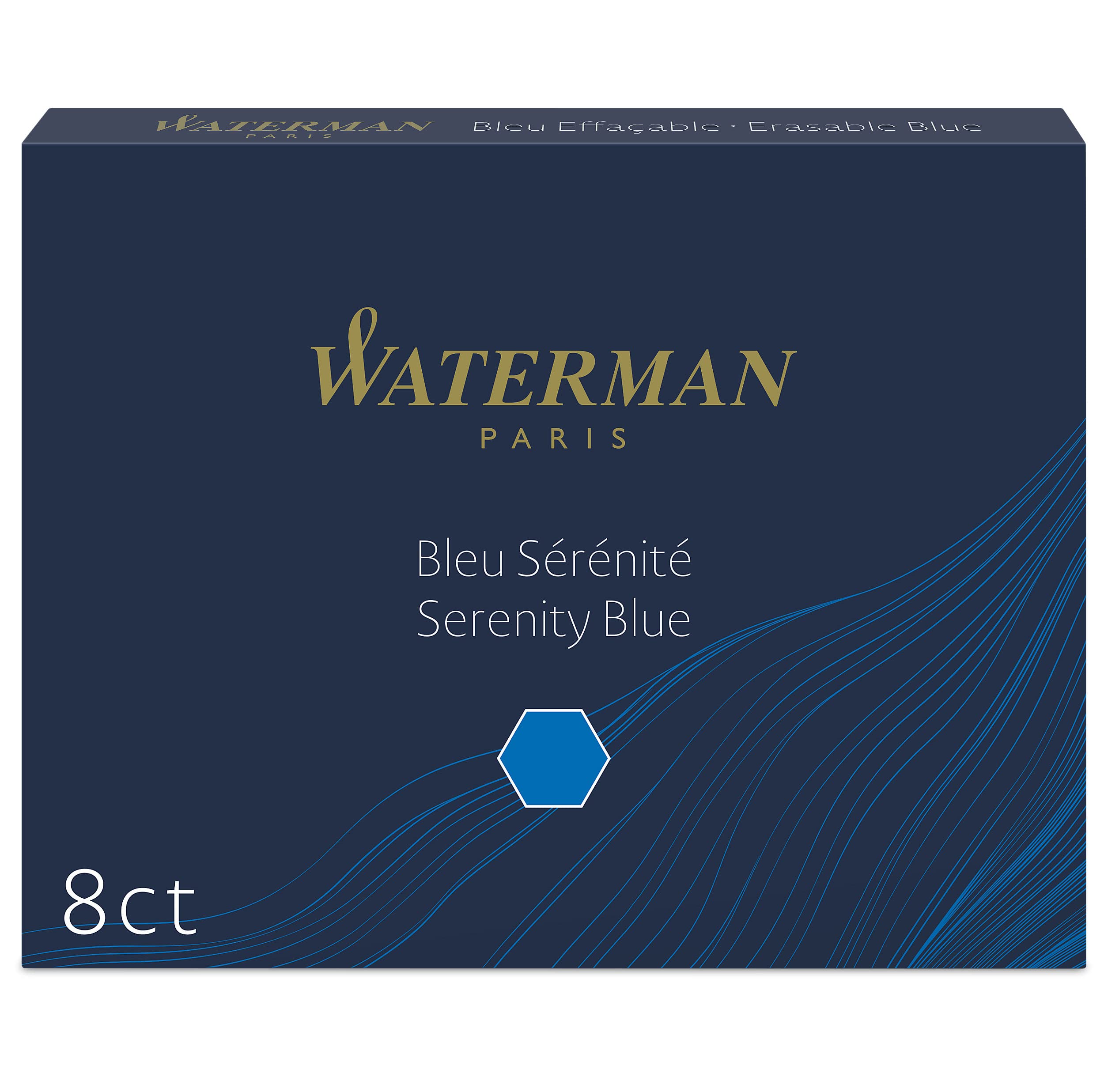 Waterman Fountain Pen Refills - Long Cartridges | Serenity Blue Ink | 8 Count