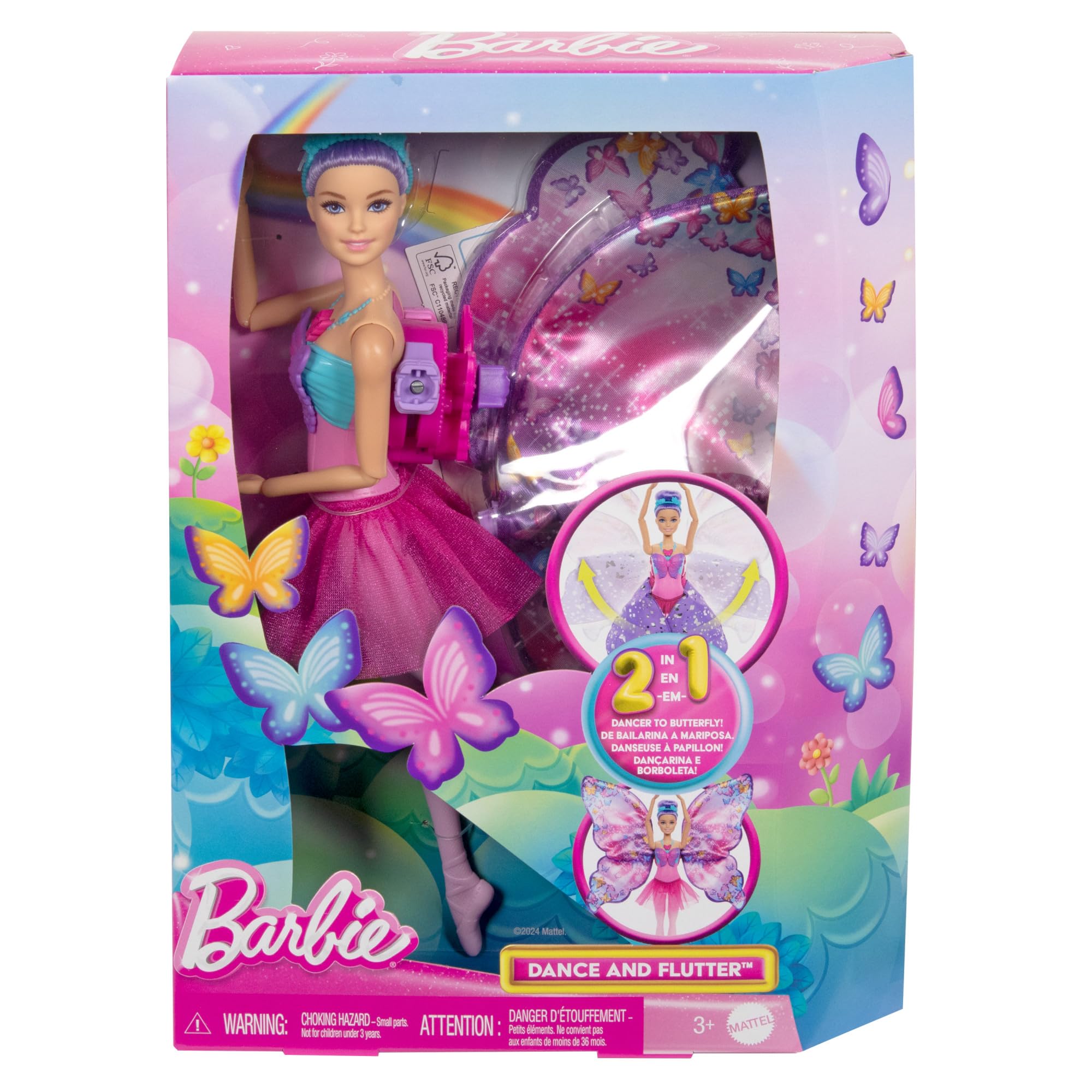 Barbie Dance and Flutter Doll HXJ10 - 2-in-1 Transformation, Purple Hair, Removable Tutu | Ages 3+ 6