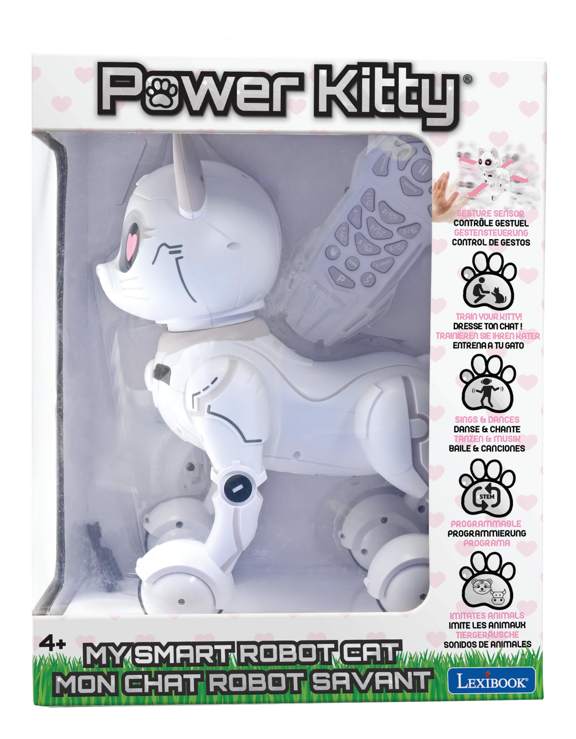 LEXIBOOK Power Kitty® - Remote Control Robot Cat with Gesture & Programming, Light, Sound, White/Pink - Ages 4+ 6