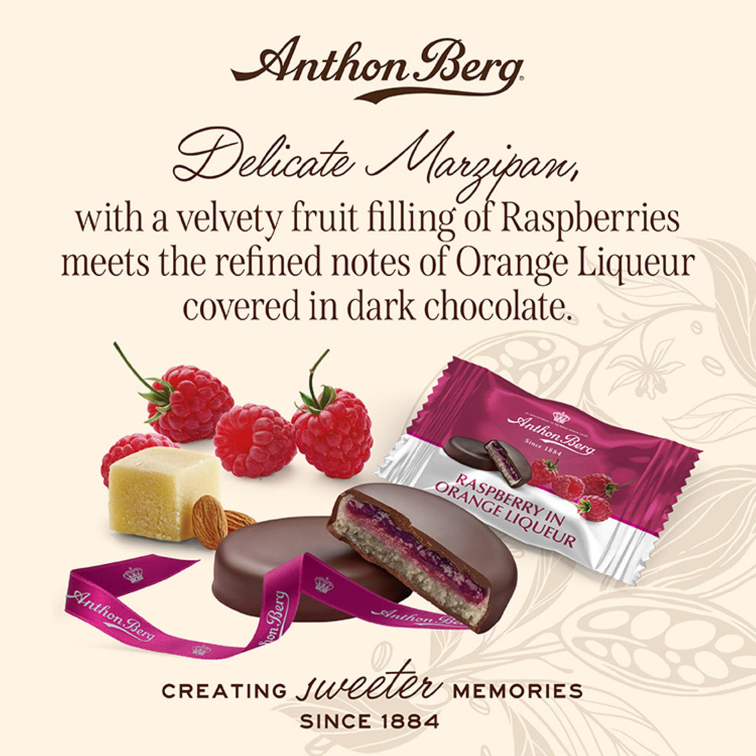 Anthon Berg Dark Chocolate Covered Marzipan Treats with Raspberry and Orange Liqueur - 220g