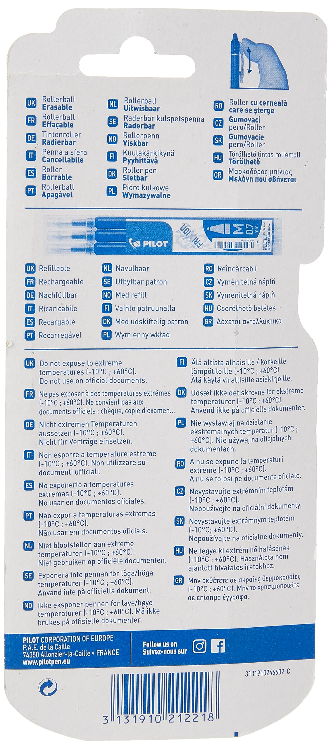 PILOT Frixion Clicker Retractable Erasable Rollerball Pen - 0.7 mm Tip | Pack of 3 Black/Blue/Red 3