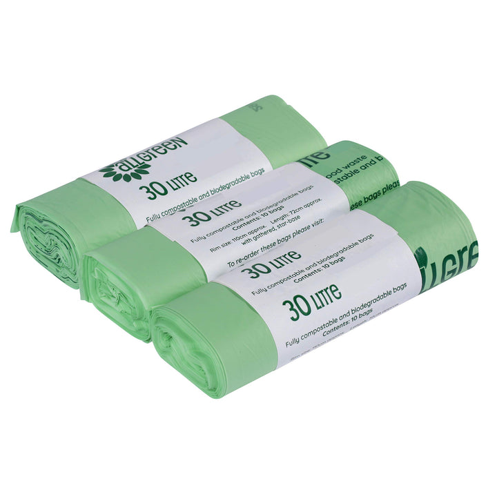All-Green 30L Compostable Kerbside Caddy Liners - 3 Rolls (30 Bags) - EN 13432 Certified