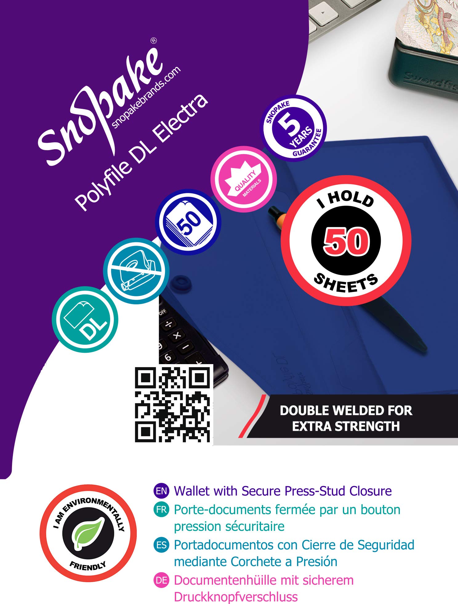 Snopake DL Polyfile Popper Wallet with Press Stud Closure - Assorted Electra | Pack of 5 | Polypropylene 3