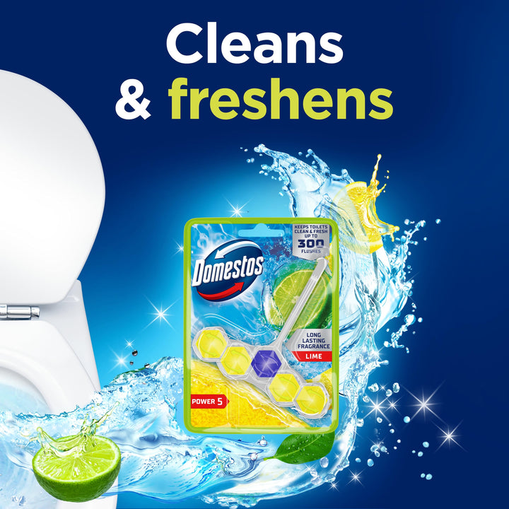 Domestos Power 5 Lime Toilet Rim Block - Long-Lasting Toilet Freshener for Up to 300 Flushes