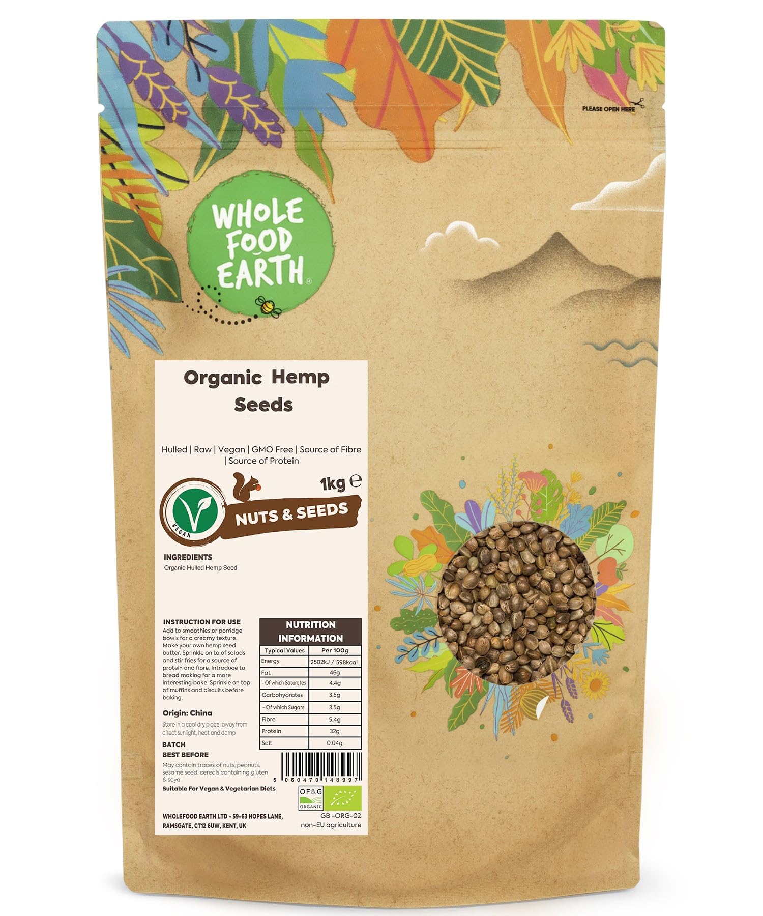 Wholefood Earth Organic Hemp Seed - 1kg Pack | Raw | High Fibre | Vegan 1