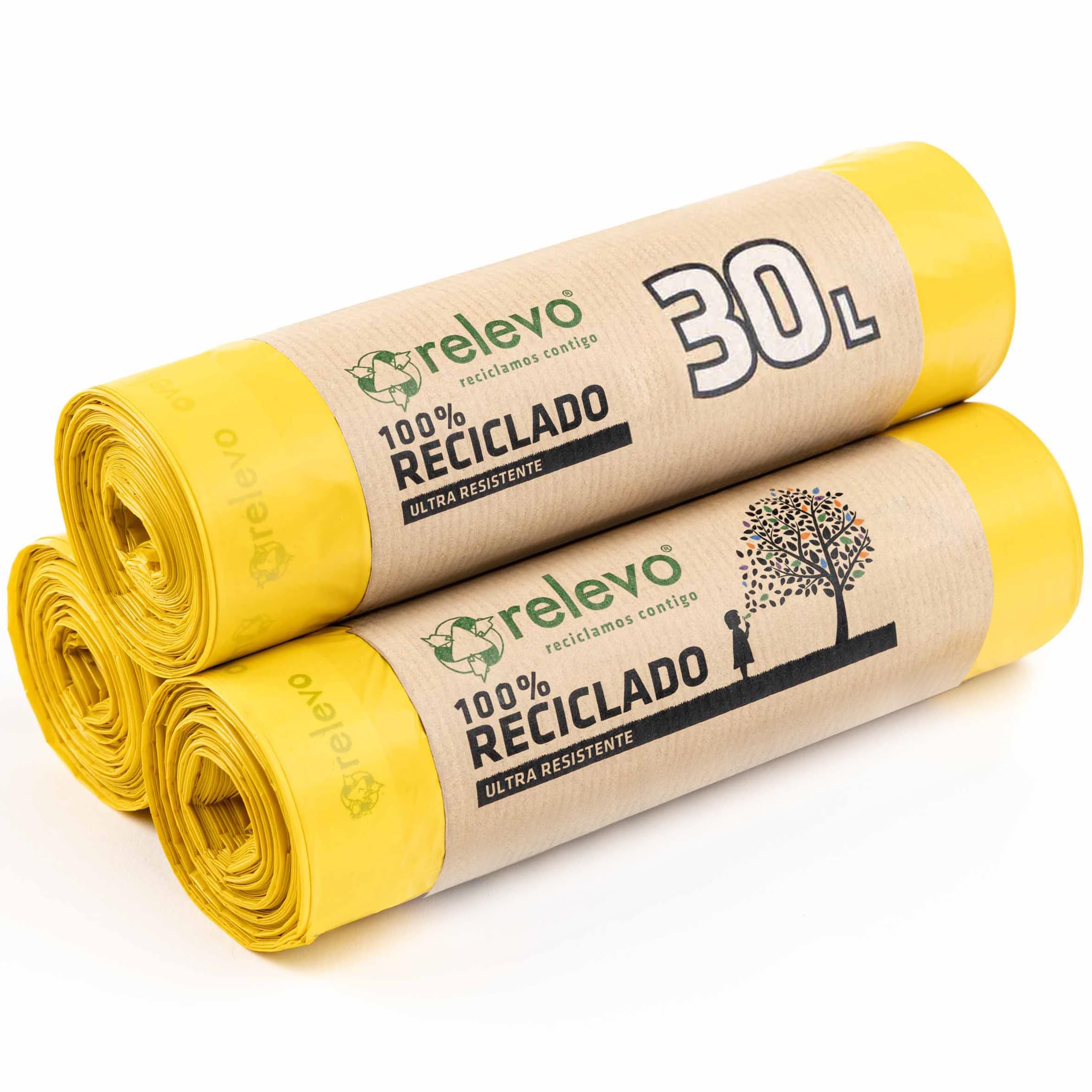 Relevo 30L Yellow Bin Bags with Drawstrings | 45 Units | 100% Recycled Material | 55x60 cm 1