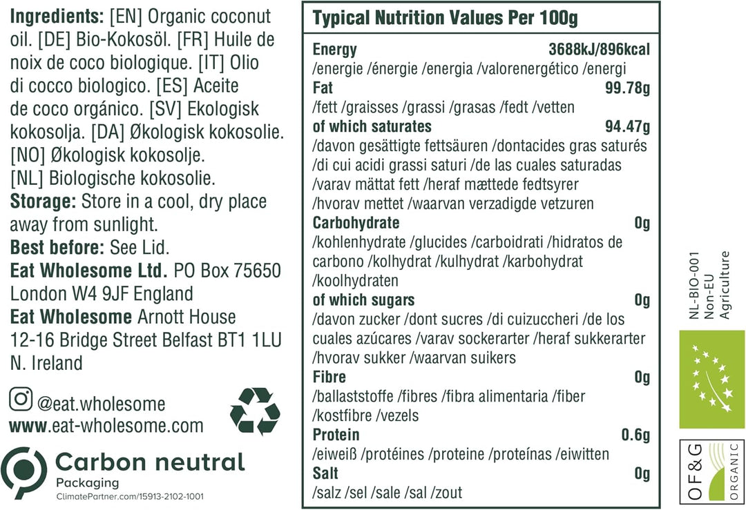 Eat Wholesome - Organic Virgin Coconut Oil (500 ml, Glass Jar)