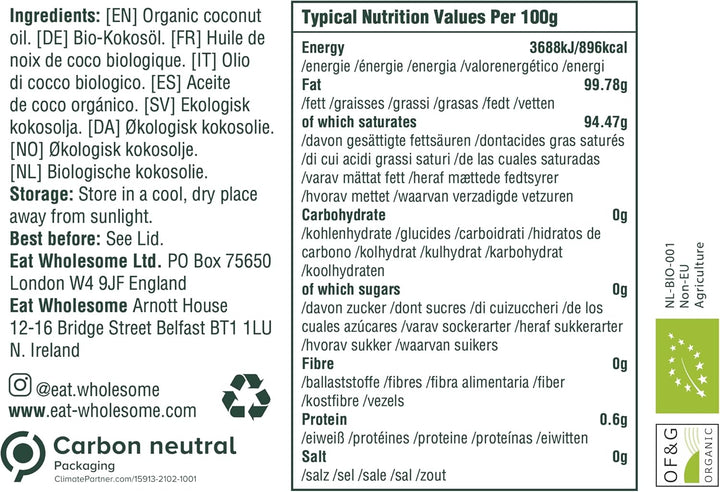 Eat Wholesome - Organic Virgin Coconut Oil (500 ml, Glass Jar)