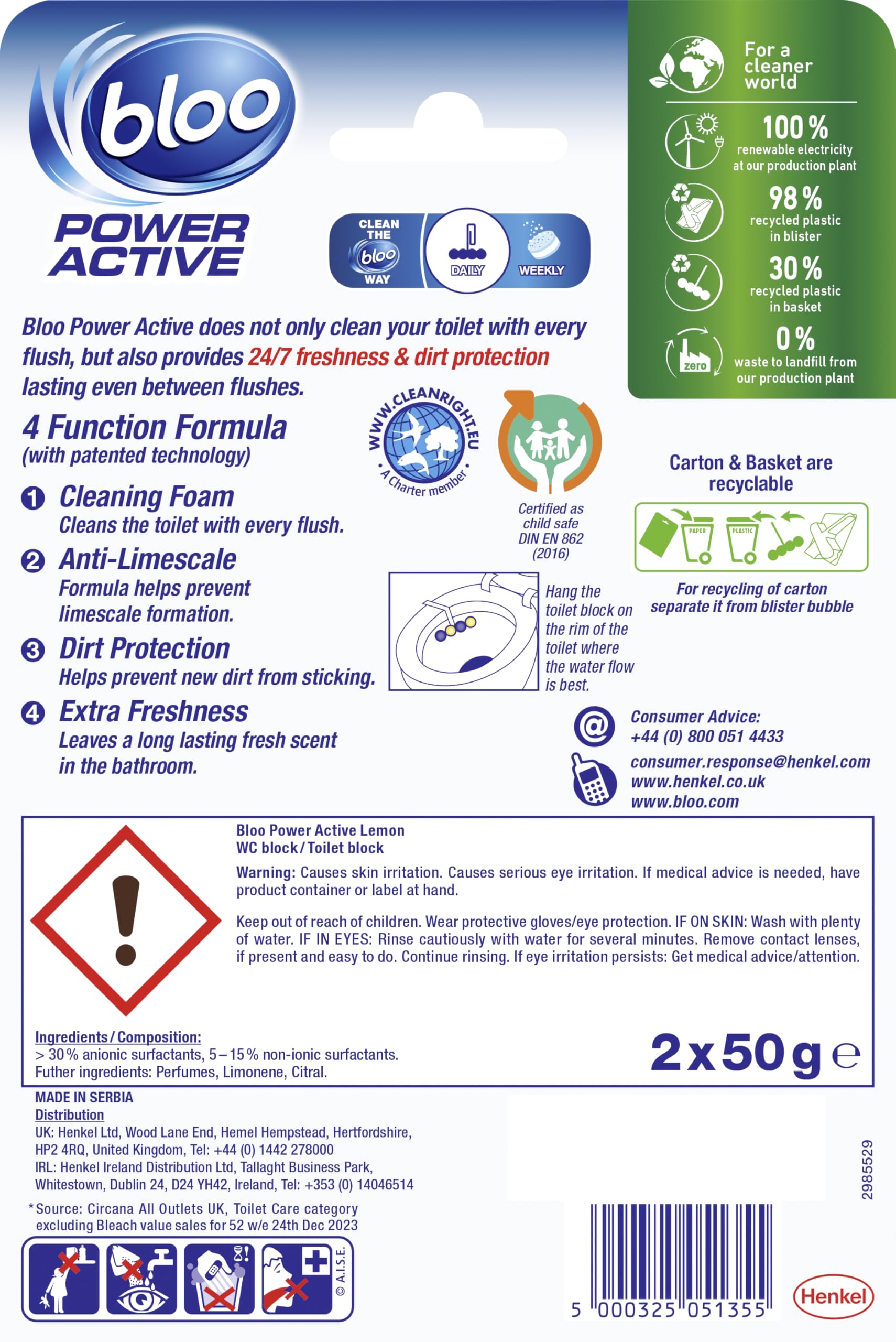 Bloo Power Active Toilet Rim Block Lemon Scent - 2 Count | Anti-Limescale & Cleaning Foam