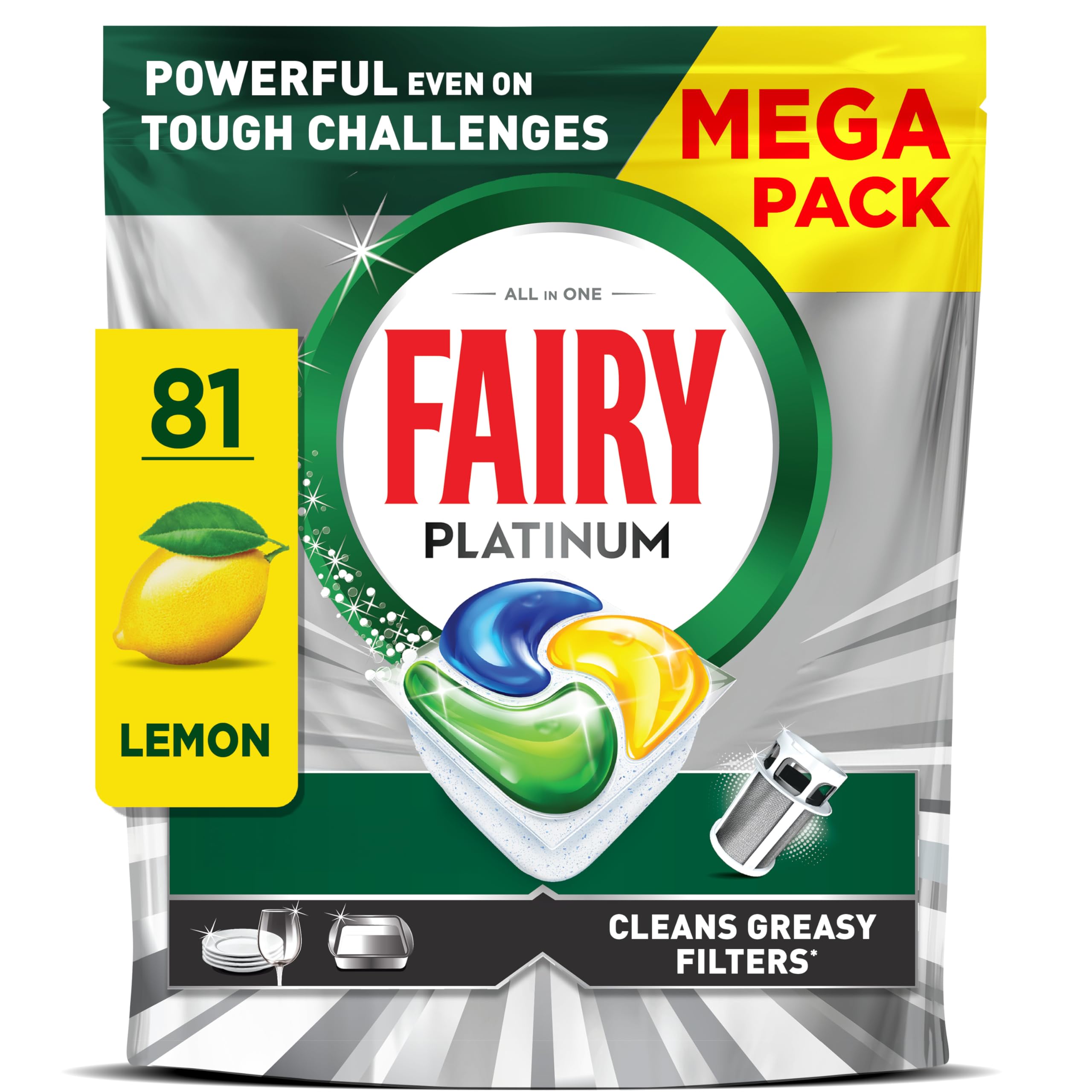 Fairy Platinum Dishwasher Tablets Lemon Scent - 81 Count All-in-One Power