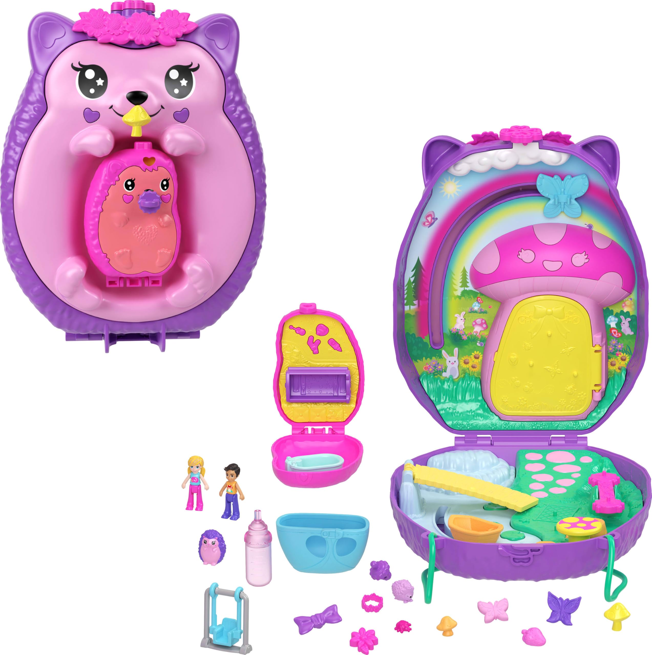 Polly Pocket 2-in-1 Travel Toy with 2 Micro Dolls and 16 Accessories, Hedgehog Purse Playset JBJ91 1