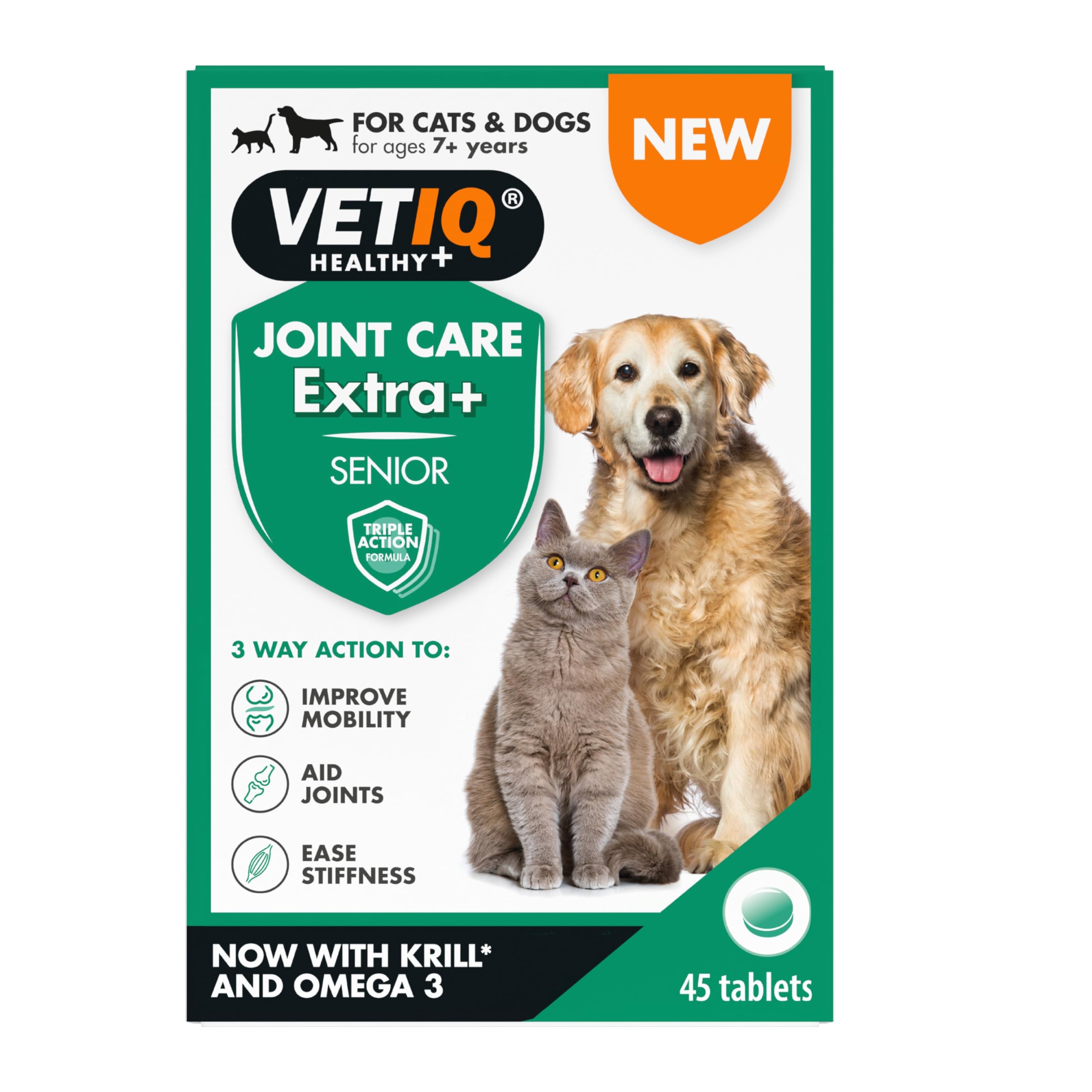 VETIQ Joint Care Extra + Senior Tablets for Dogs 7+ Years | 45 Tablets | Triple Action Support