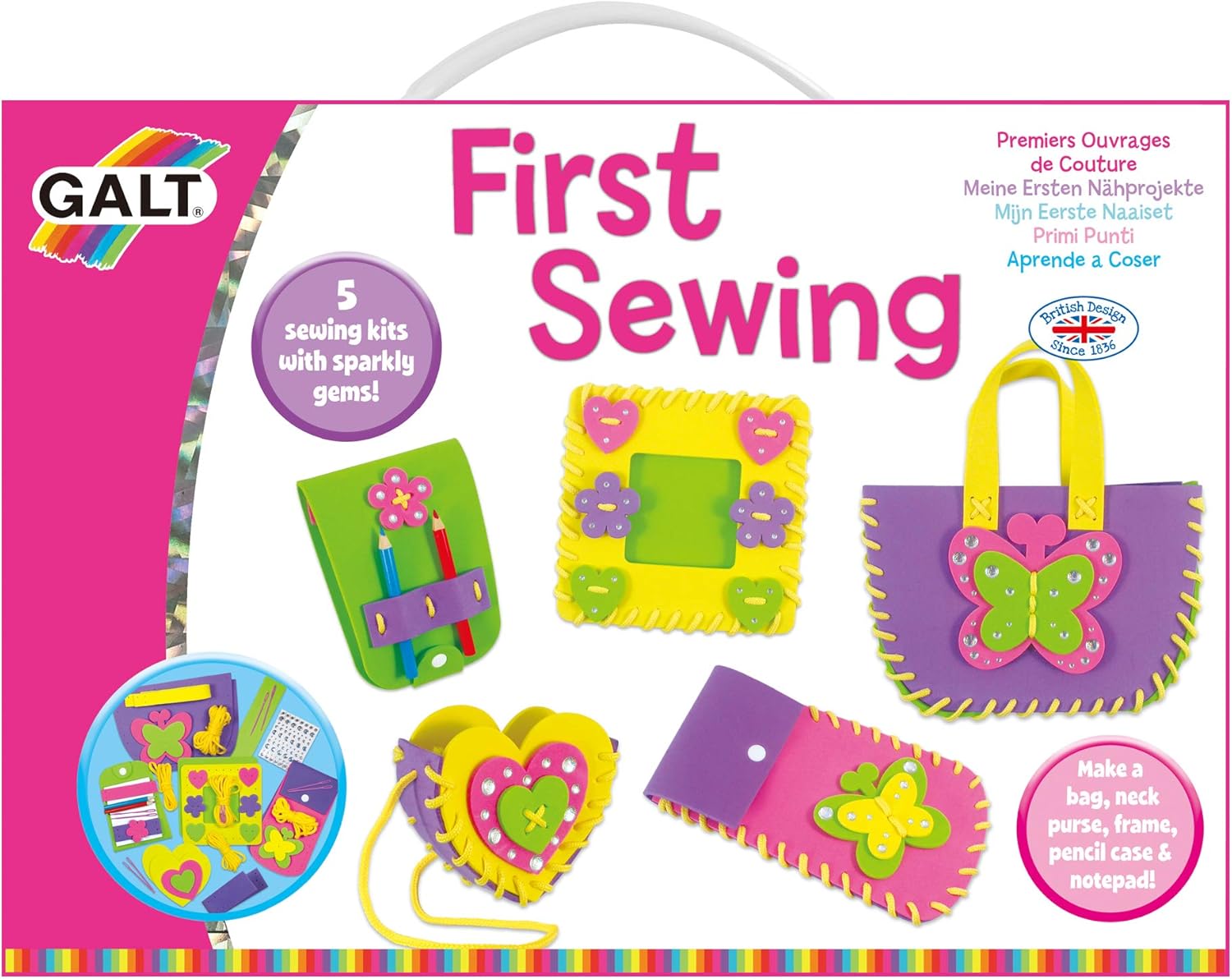 Galt First Sewing Kids Craft Kit with Pencil Case, Purse & Frame - Foam Sewing Set for Children 11