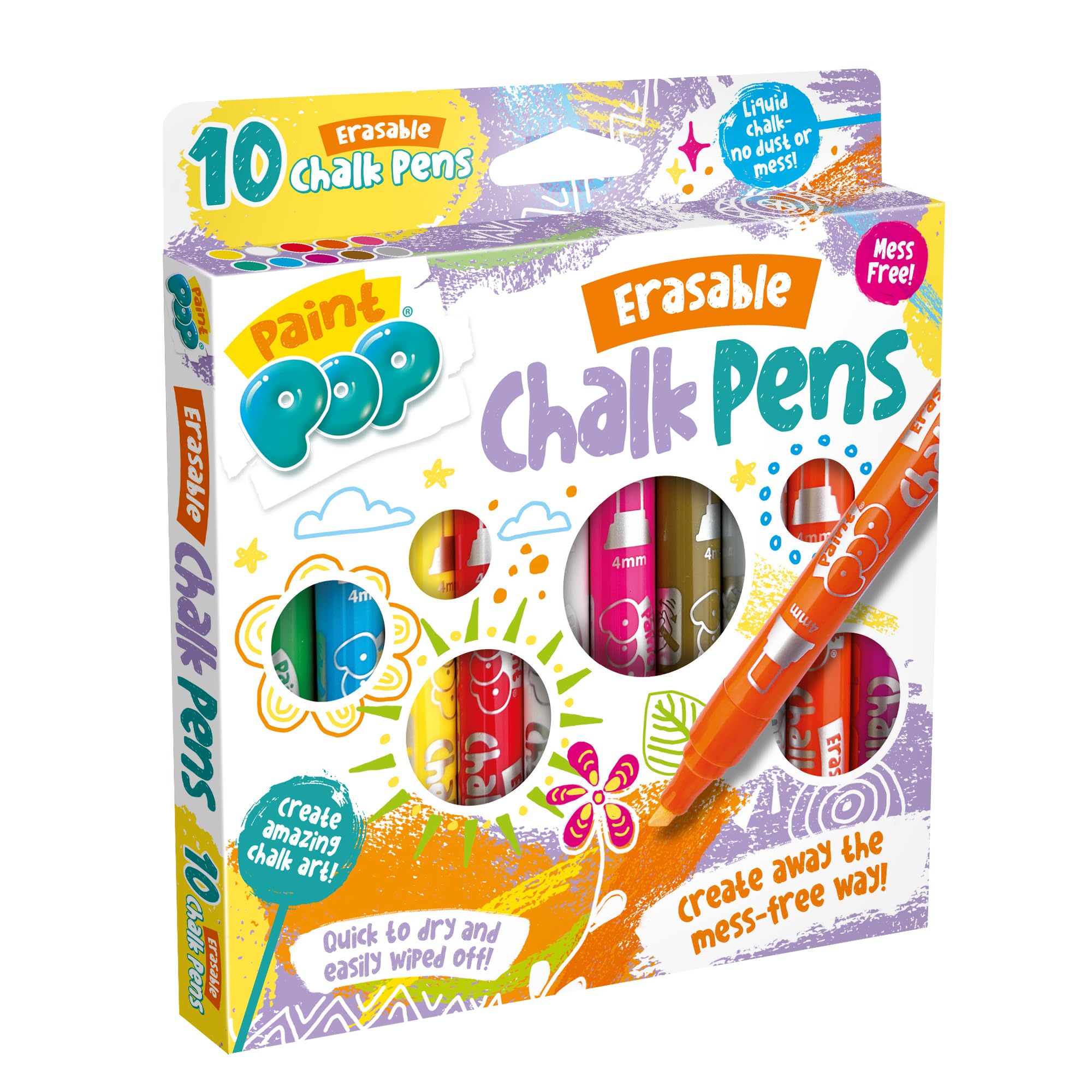 Paint Pop Erasable Liquid Chalk Pens - Mess Free Fine Tip for Glass & Whiteboards | 10 Assorted Colours
