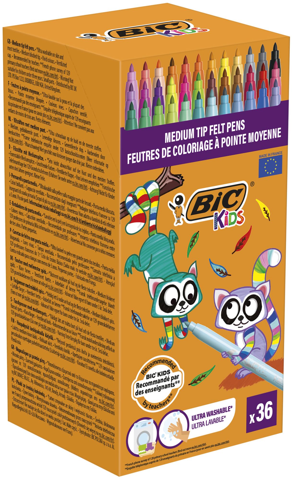 BIC Kids Kid Couleur Felt Tip Pens - Washable, Non-Toxic, Pack of 36