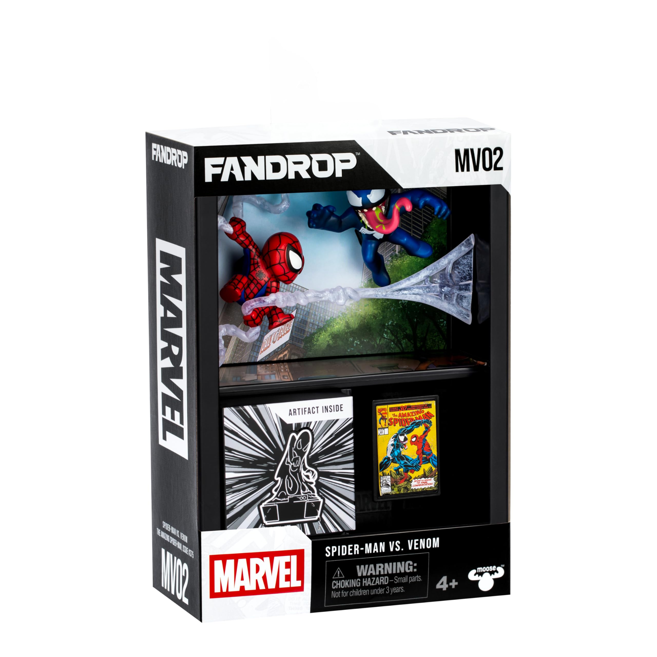 FANDROP MV02 Spider-Man VS. Venom - Displayable Diorama with Collectible Artifacts & Scene Marker, 4 Marvel Figures to Collect