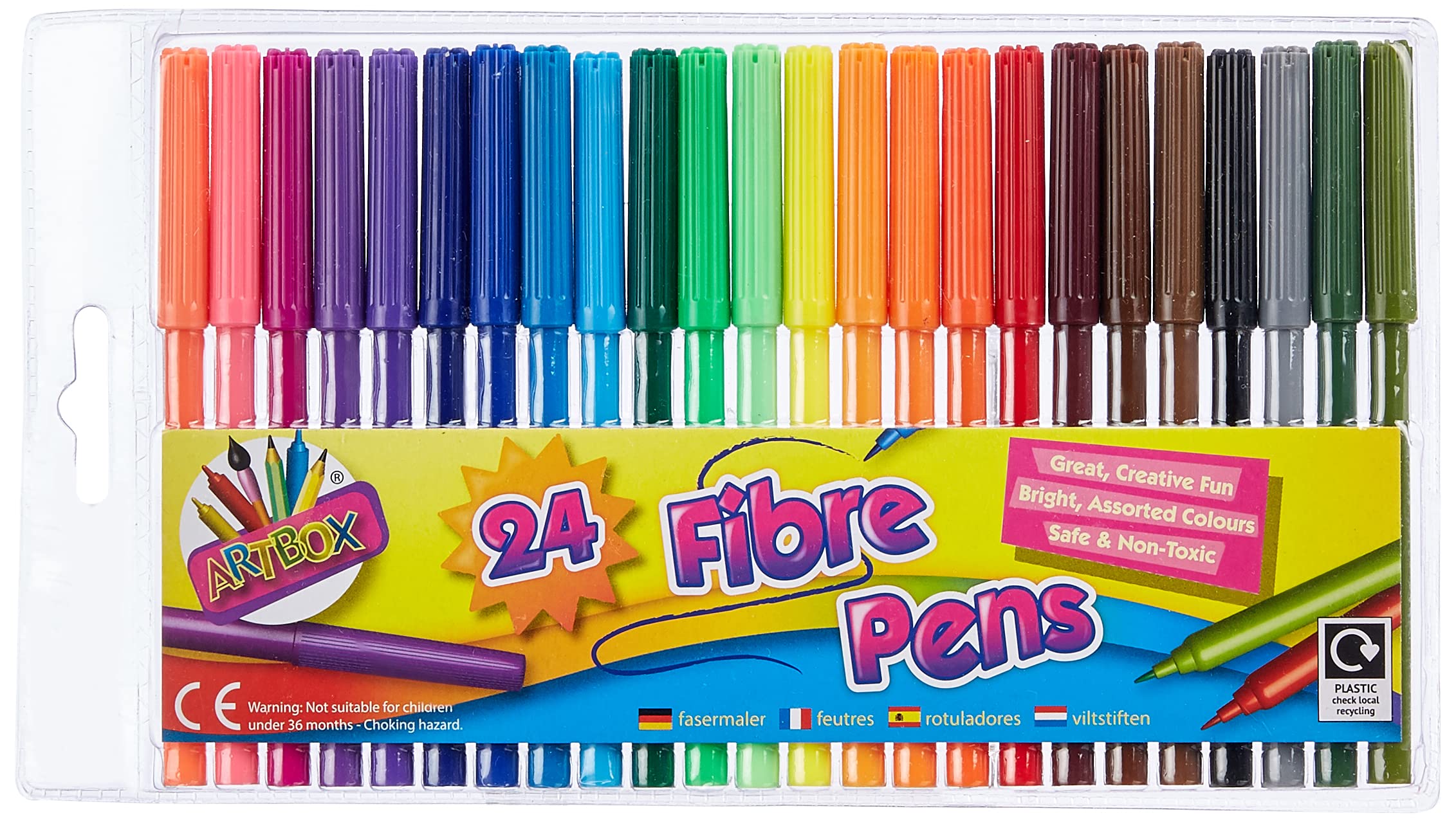 ART BOX Fine Tip Fibre Colouring Pens - Pack of 24 Multi-Colour | Durable Plastic